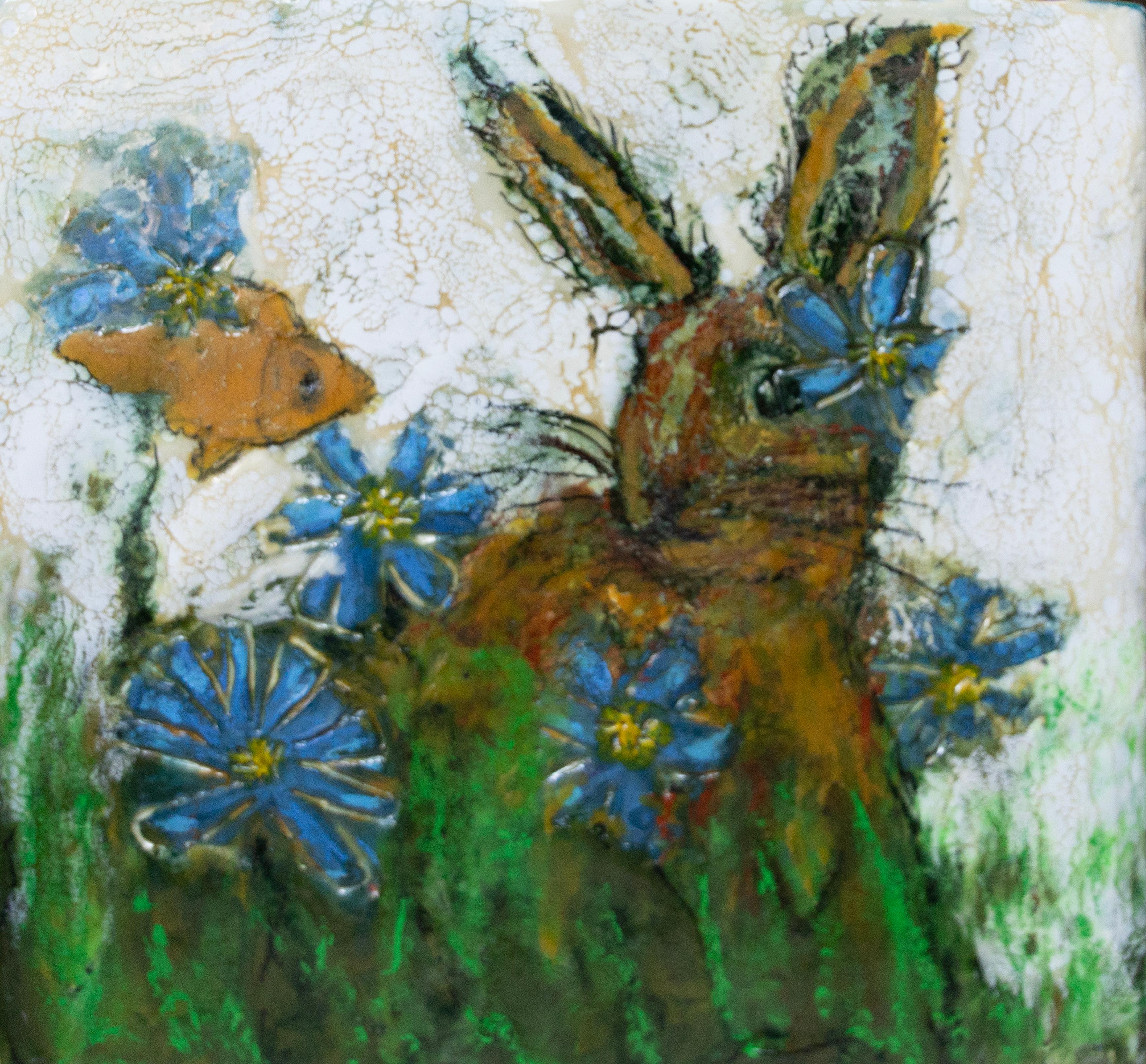 Inesperado, encáustica sobre madera, conejo y pez - Mixed Media Art de Evy Olsen Halvorsen