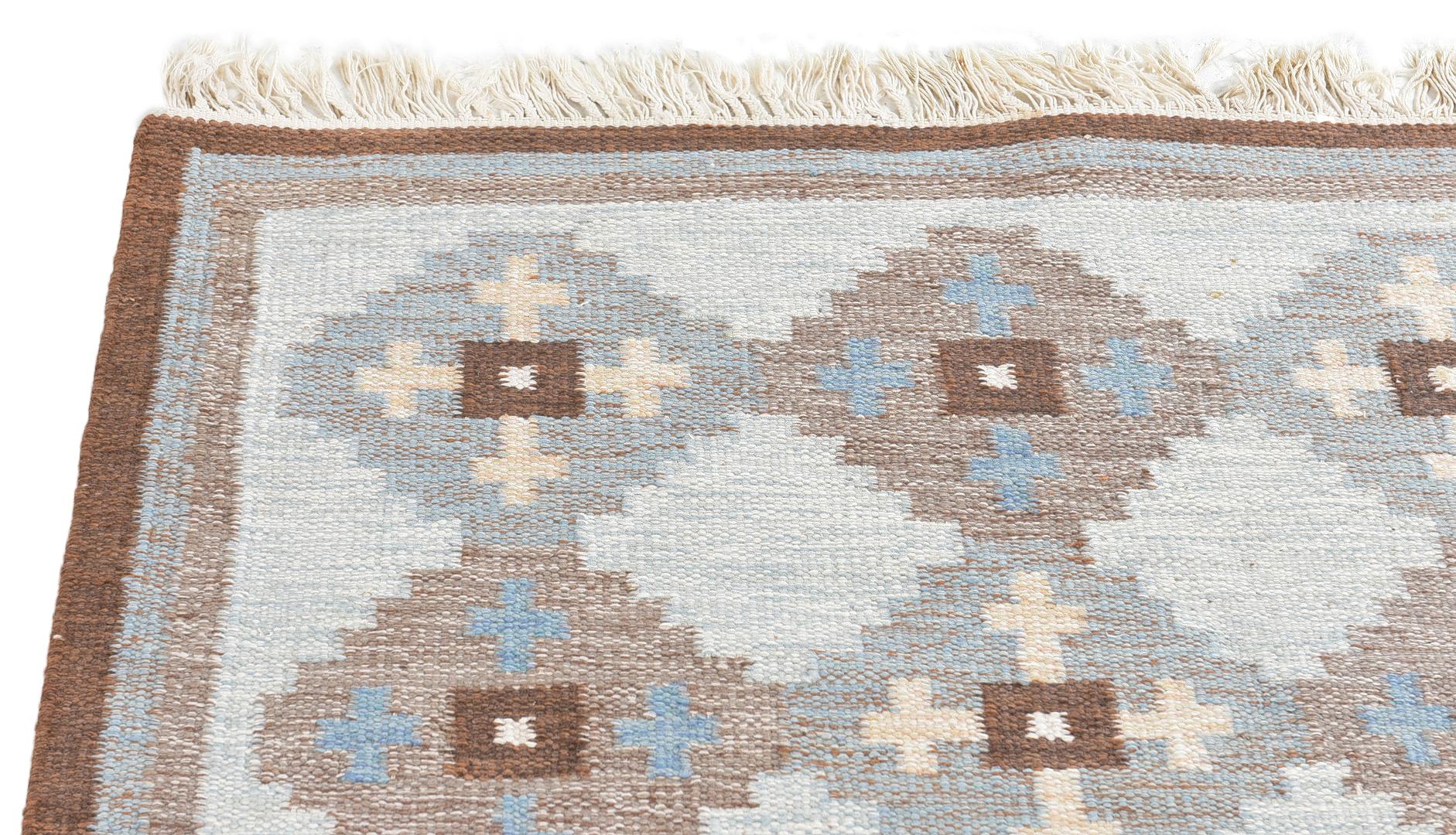 Scandinavian Modern Evy Svensson Midcentury Swedish Flatweave Rug-Carpet, Hand Woven Wool, 1950s For Sale