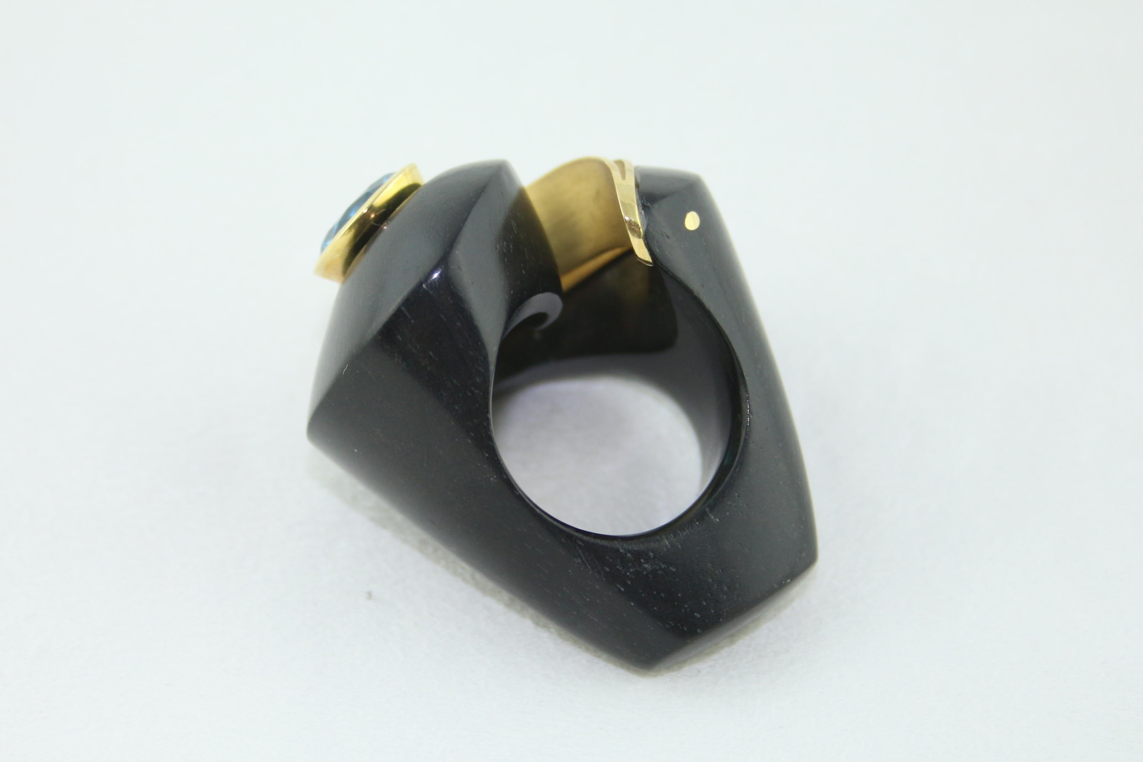 E.W. Schreiber KG 8.00 Carat Blue Topaz Ebony Wood Gold Ring For Sale 4
