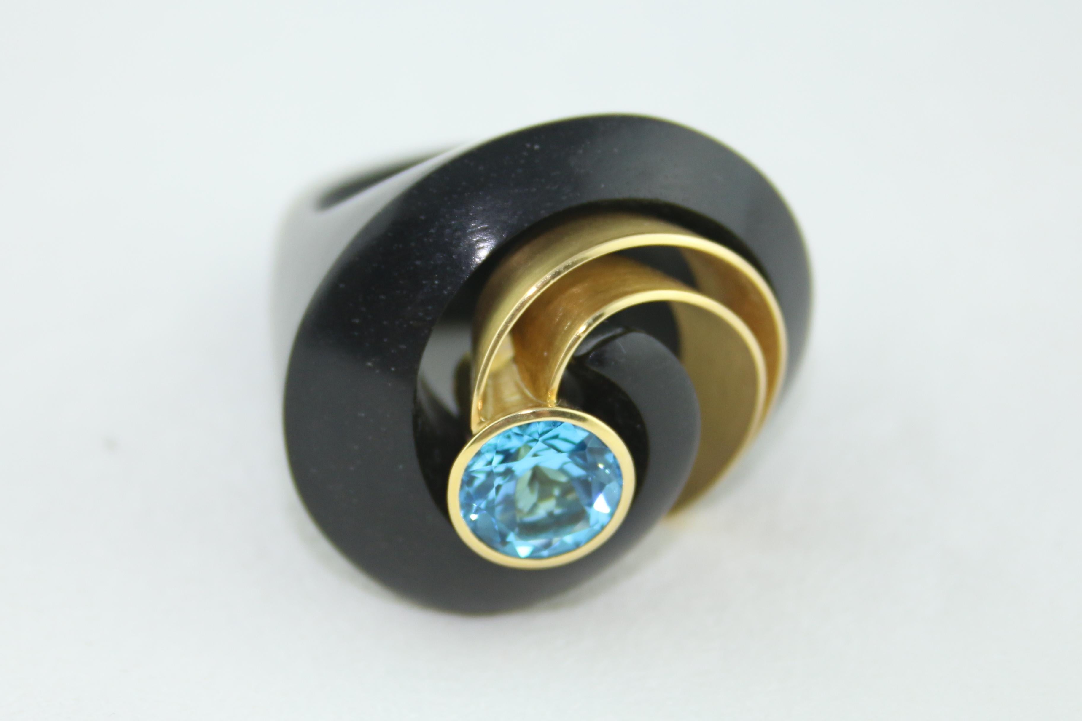 E.W. Schreiber KG 8.00 Carat Blue Topaz Ebony Wood Gold Ring For Sale 6