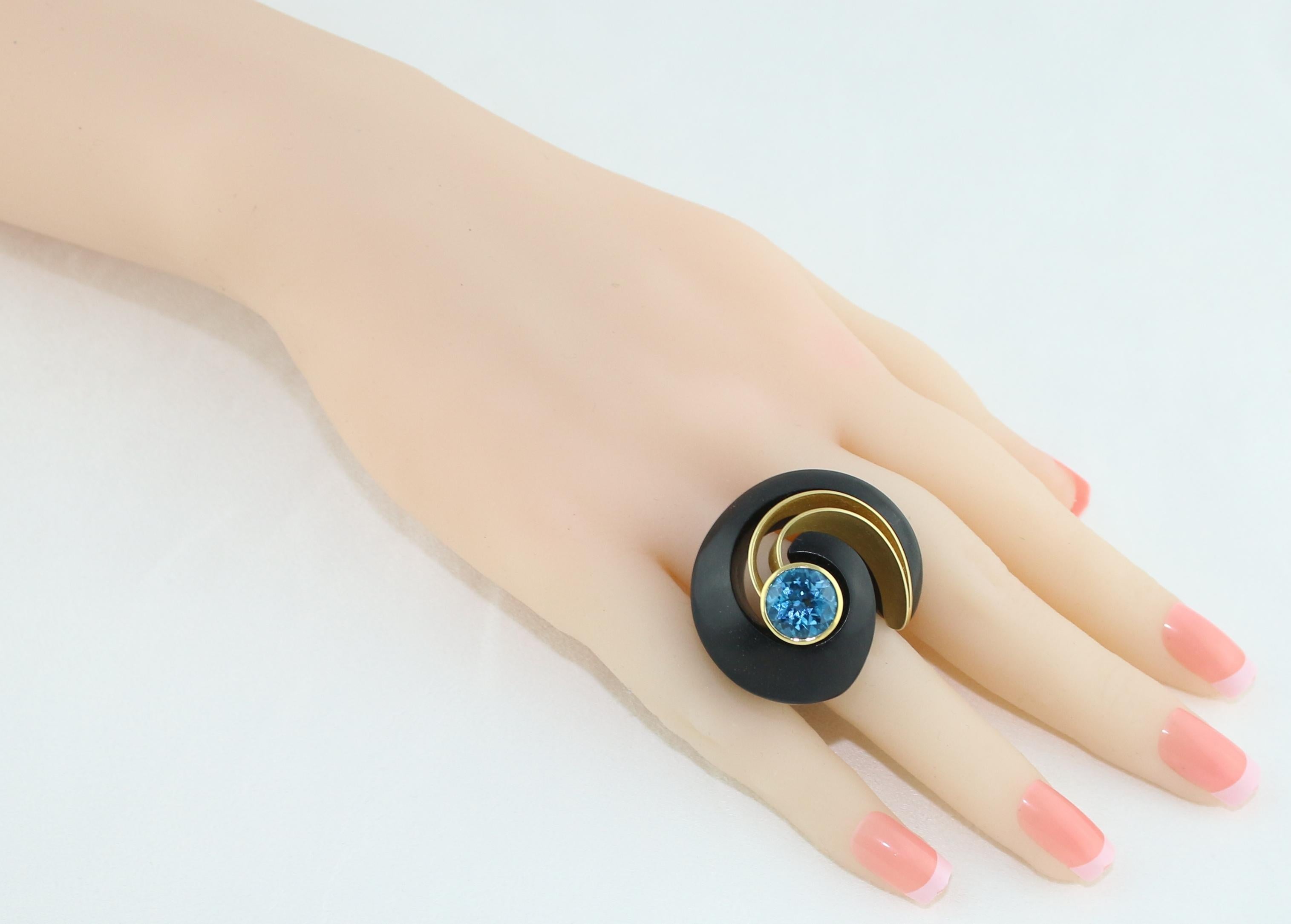 Women's E.W. Schreiber KG 8.00 Carat Blue Topaz Ebony Wood Gold Ring For Sale