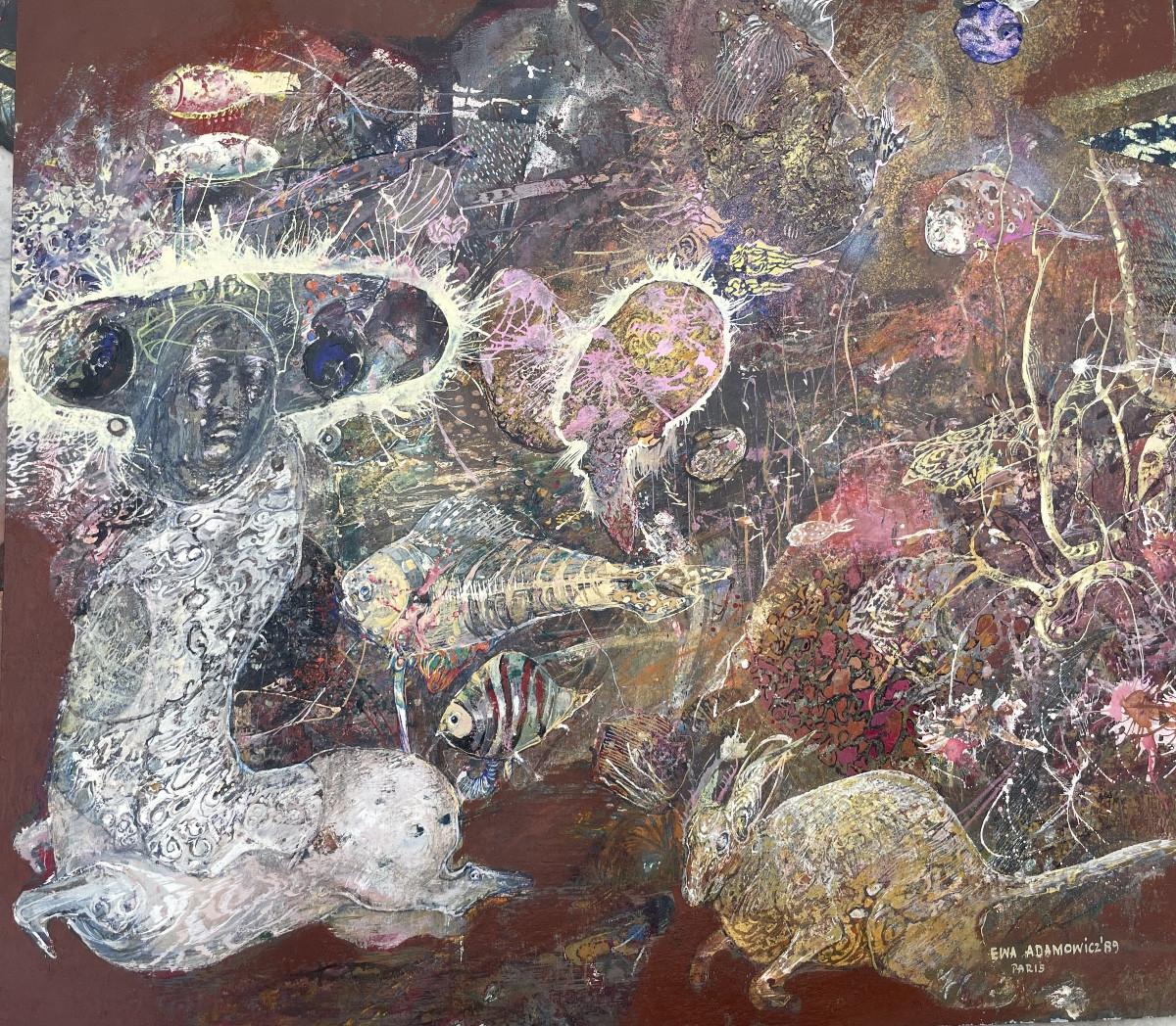 Ewa Adamowicz, Composition with Fossil Forms and Centaur, Paris 1989
Mixed media on cardboard.

Signed and dated “Ewa Adamowicz 89” lower right, with the mention “Paris.”
Also signed on the reverse.
Dimensions: 56.5 × 50 cm.

Handwritten