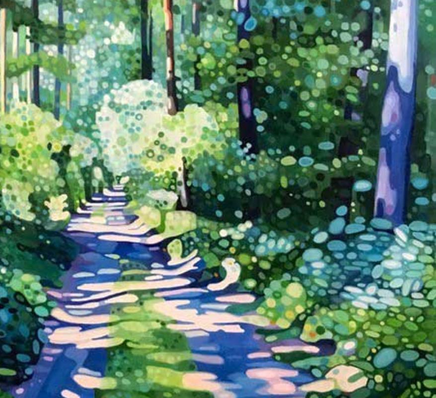 Emerald Whisper - Summer Trees and Sunlight, Figurative: Acrylic on Canvas - Painting by Ewa Adams