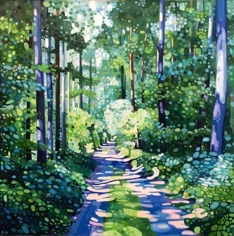 Ewa Adams Landscape Painting - Emerald Whisper - Summer Trees and Sunlight, Figurative: Acrylic on Canvas