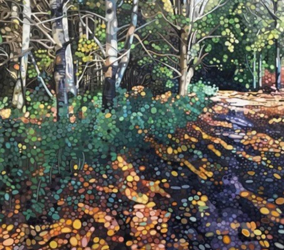 Glorious Autumn - Sunlight and Figurative Trees: Acrylic on Canvas - Painting by Ewa Adams