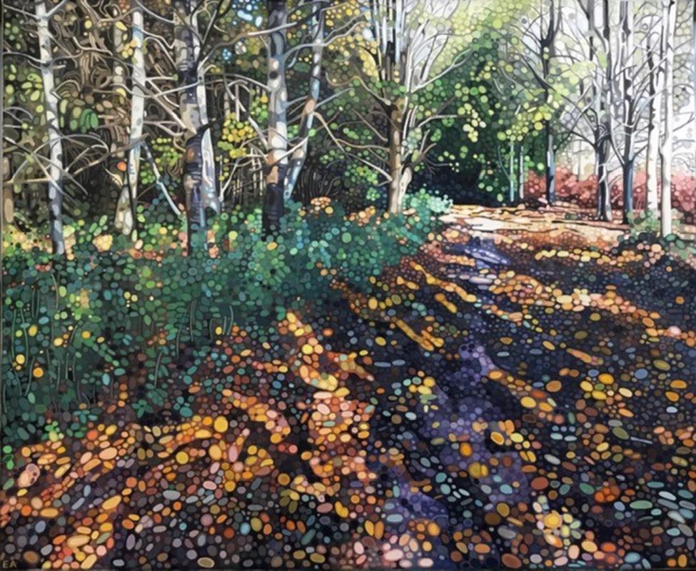 Ewa Adams Landscape Painting - Glorious Autumn - Sunlight and Figurative Trees: Acrylic on Canvas