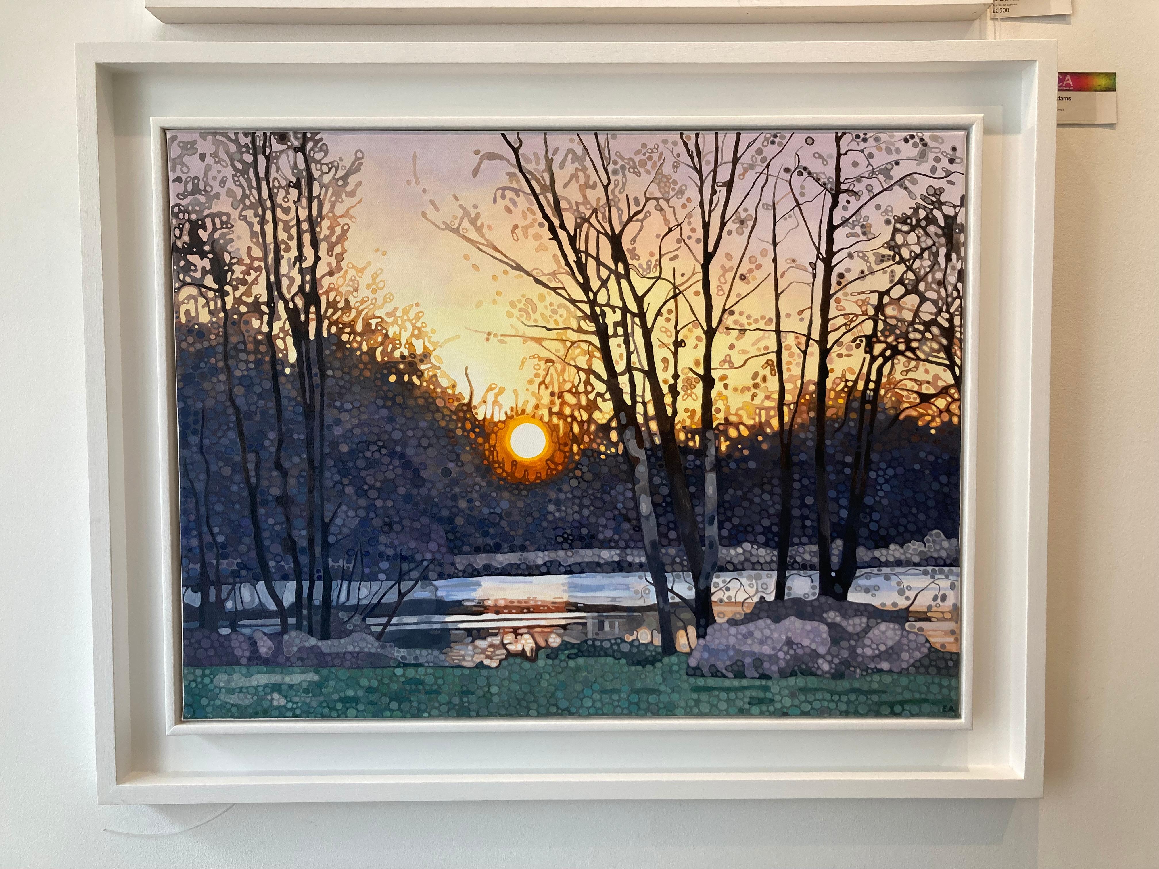 Serenité - pointillisme contemporain cercles, peinture acrylique de paysage de coucher de soleil  - Painting de Ewa Adams