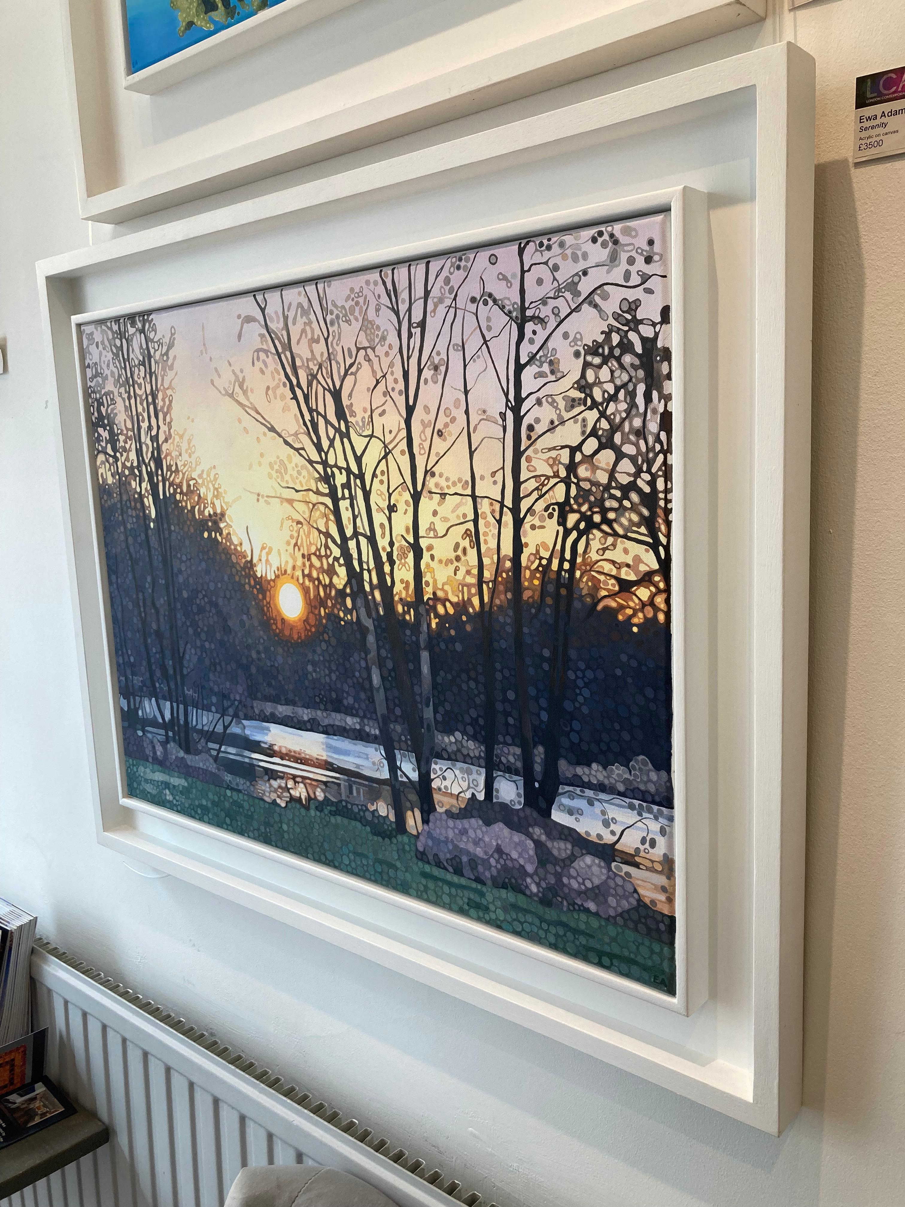 Serenité - pointillisme contemporain cercles, peinture acrylique de paysage de coucher de soleil  - Contemporain Painting par Ewa Adams