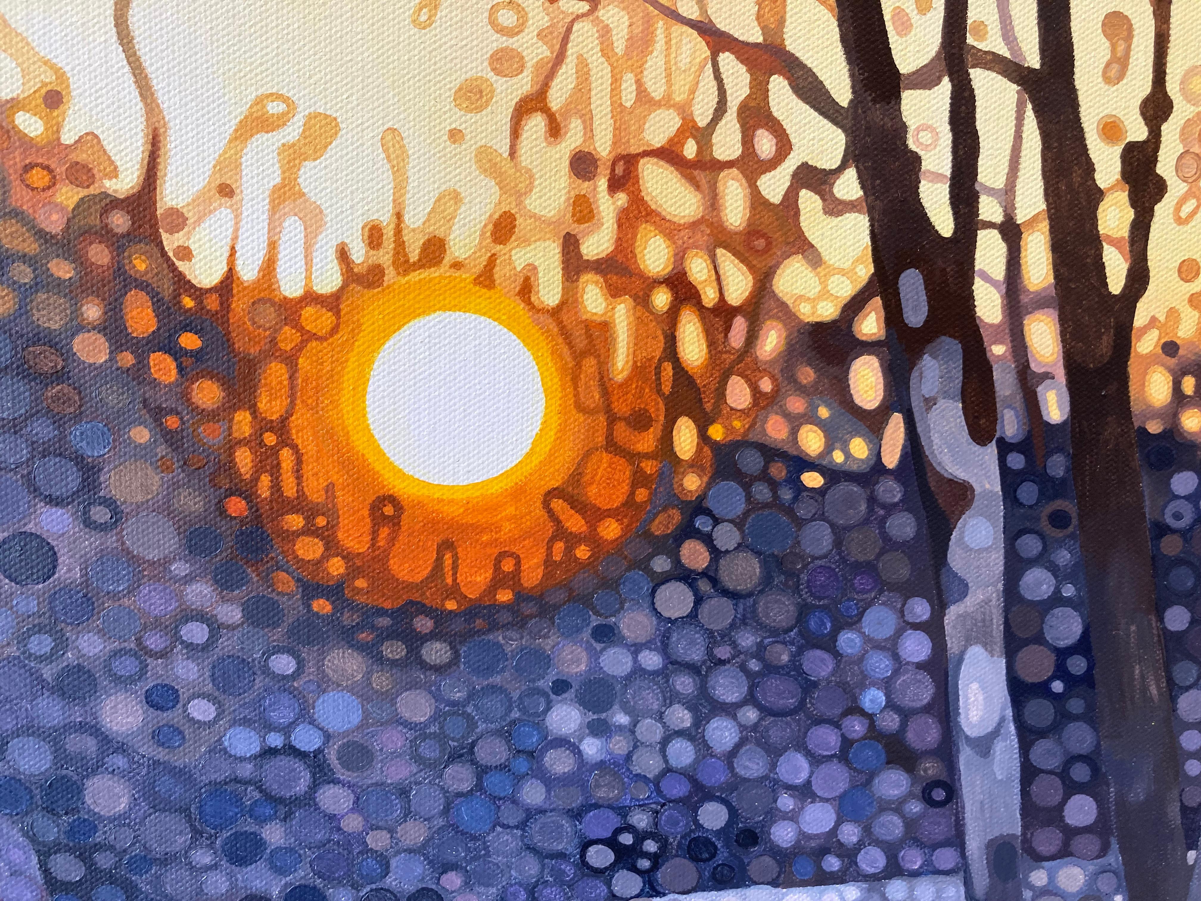 Serenité - pointillisme contemporain cercles, peinture acrylique de paysage de coucher de soleil  - Noir Landscape Painting par Ewa Adams