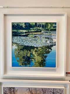 Summer Pond - contemporary landscape circle pointillism reflection park painting