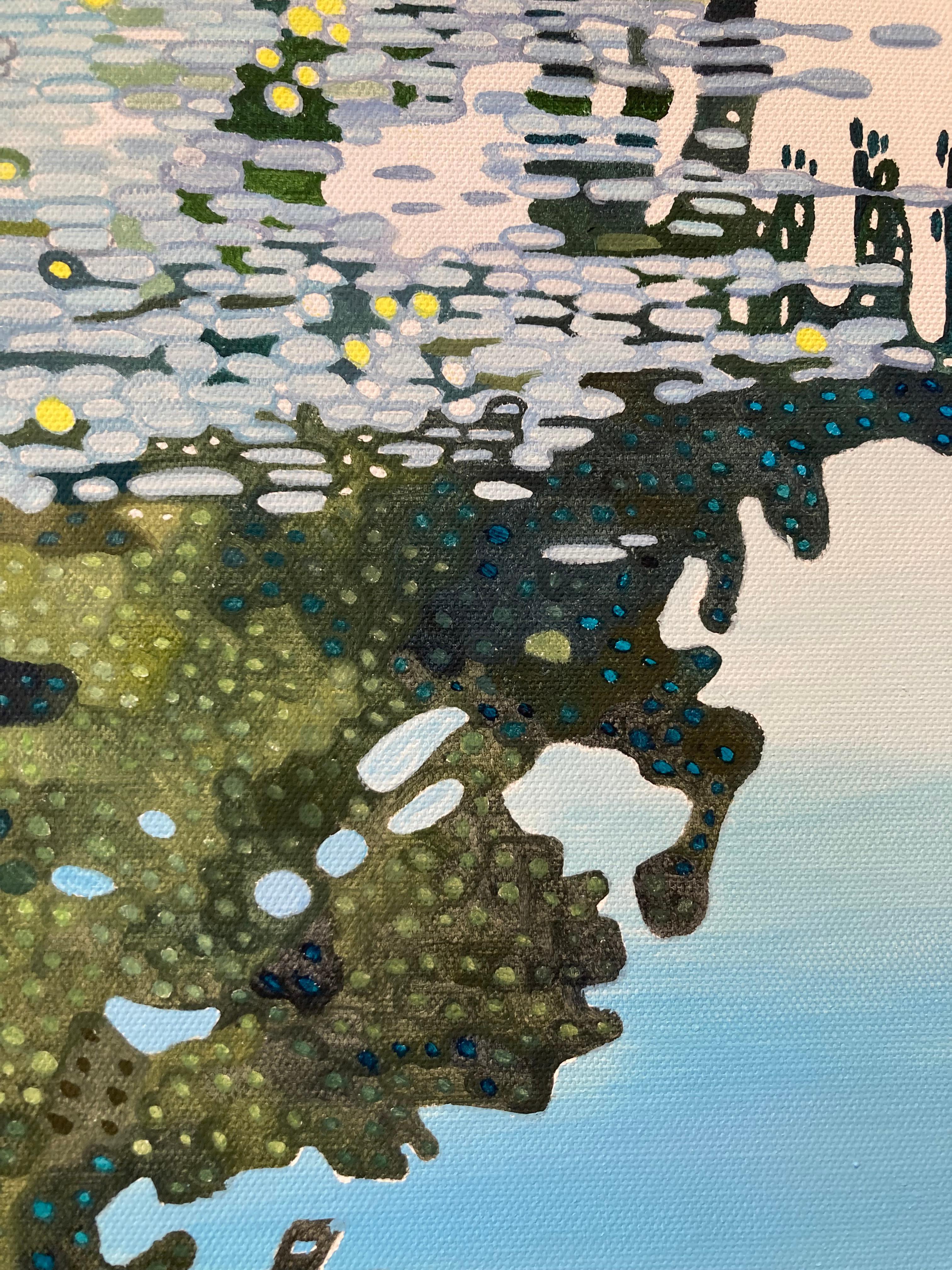 Summer Pond - contemporary landscape circle pointillism reflection park painting - Contemporary Painting by Ewa Adams