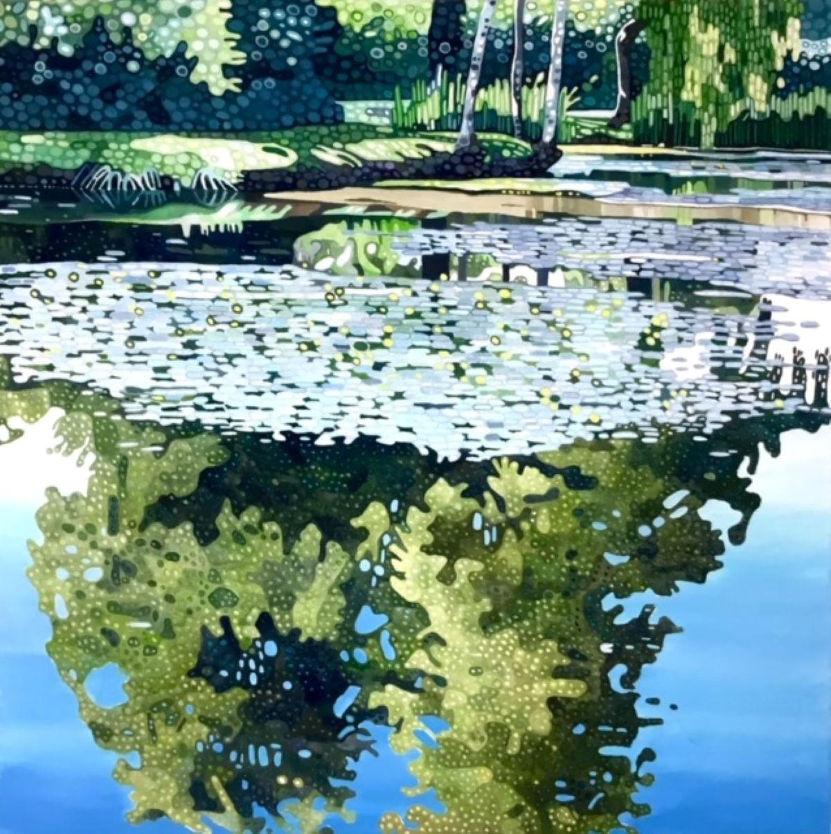Summer Pond - contemporary landscape circle pointillism reflection park painting - Painting by Ewa Adams