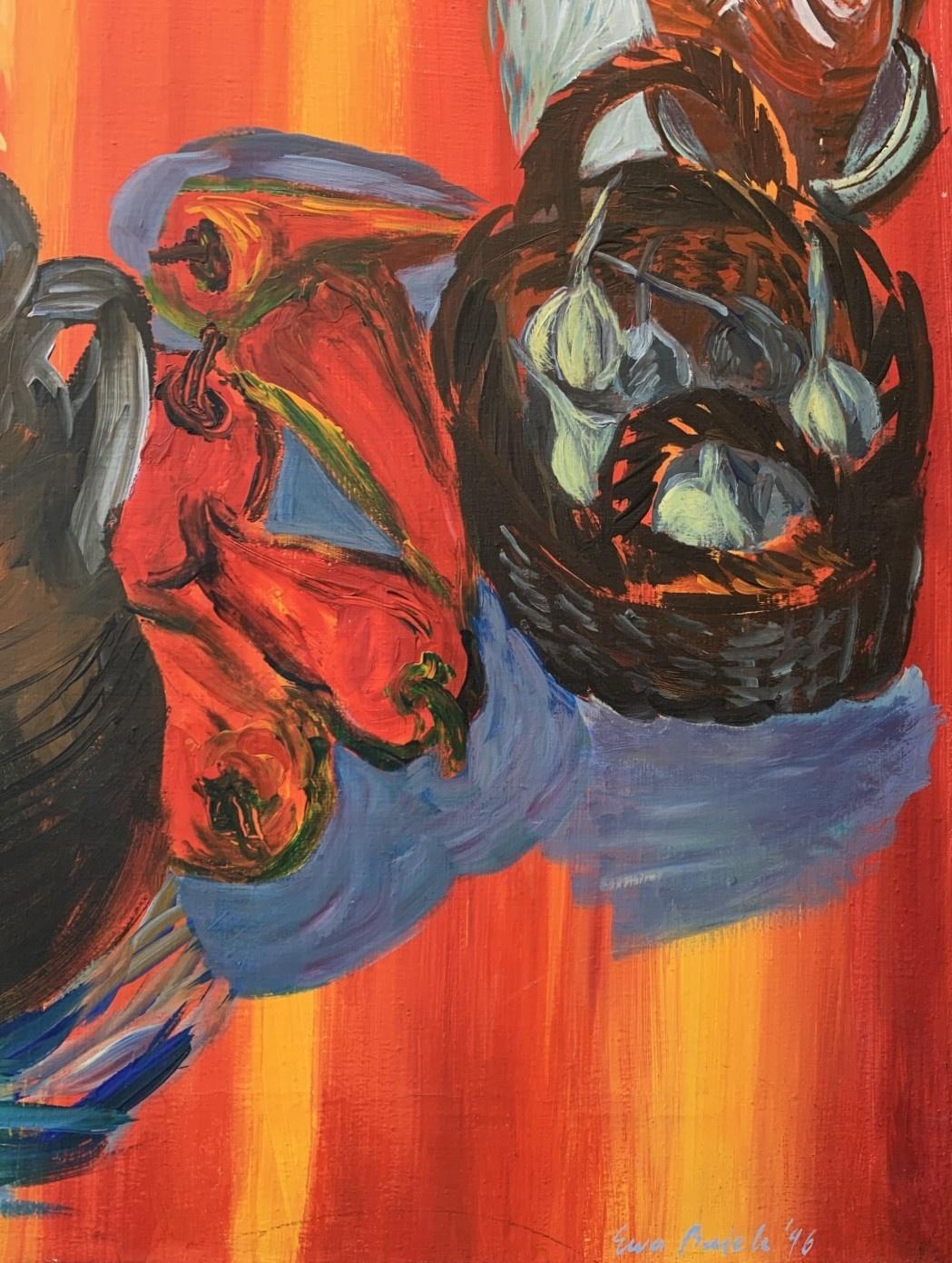 Farbenfrohes Ölgemälde auf Leinwand aus dem 20. Jahrhundert von der polnischen Künstlerin Ewa Bajek. Das Gemälde zeigt ein Stillleben mit Gemüse, Tierschädeln, Glas und Pflanzen in Töpfen. Die Farben sind leuchtend und Orange dominiert die gesamte