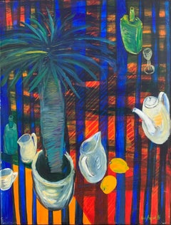 Still life with a jug. Oil on canvas figurative painting, vibrant, Polish artist