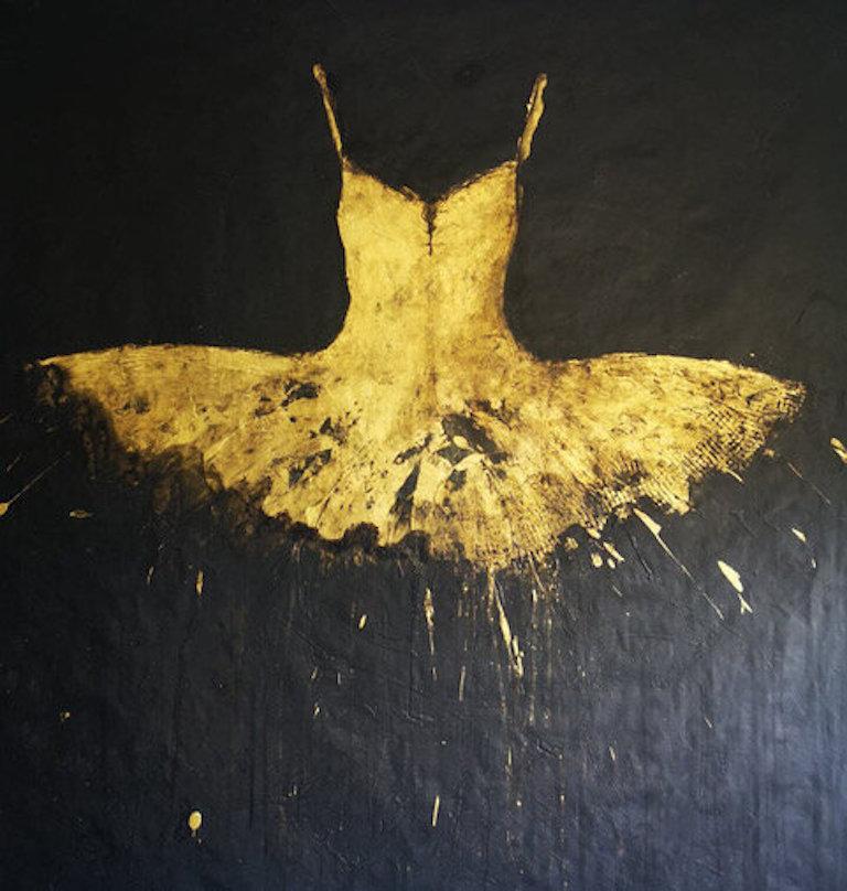Figurative Painting Ewa Bathelier - Robe dorée, 2020 Acrylique sur tissu 74,8 x 78,74 pouces 190 x 200 cm