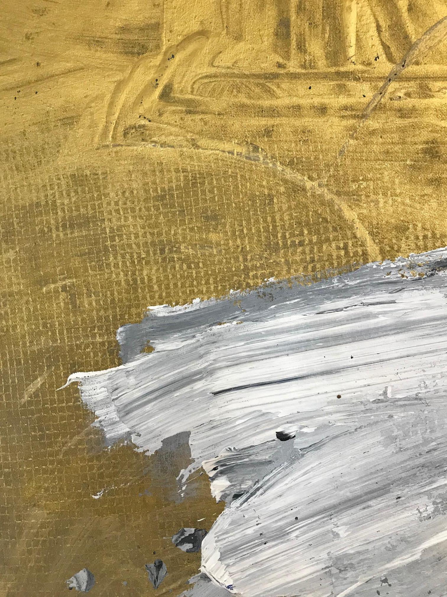 White tutu on gold background, acrylic on fabric. 

Ewa Bathelier’s experience as a costume and set designer in the theater is clearly reflected in her signature acrylic paintings. Having spent her adult life in France, the artist focuses on one of
