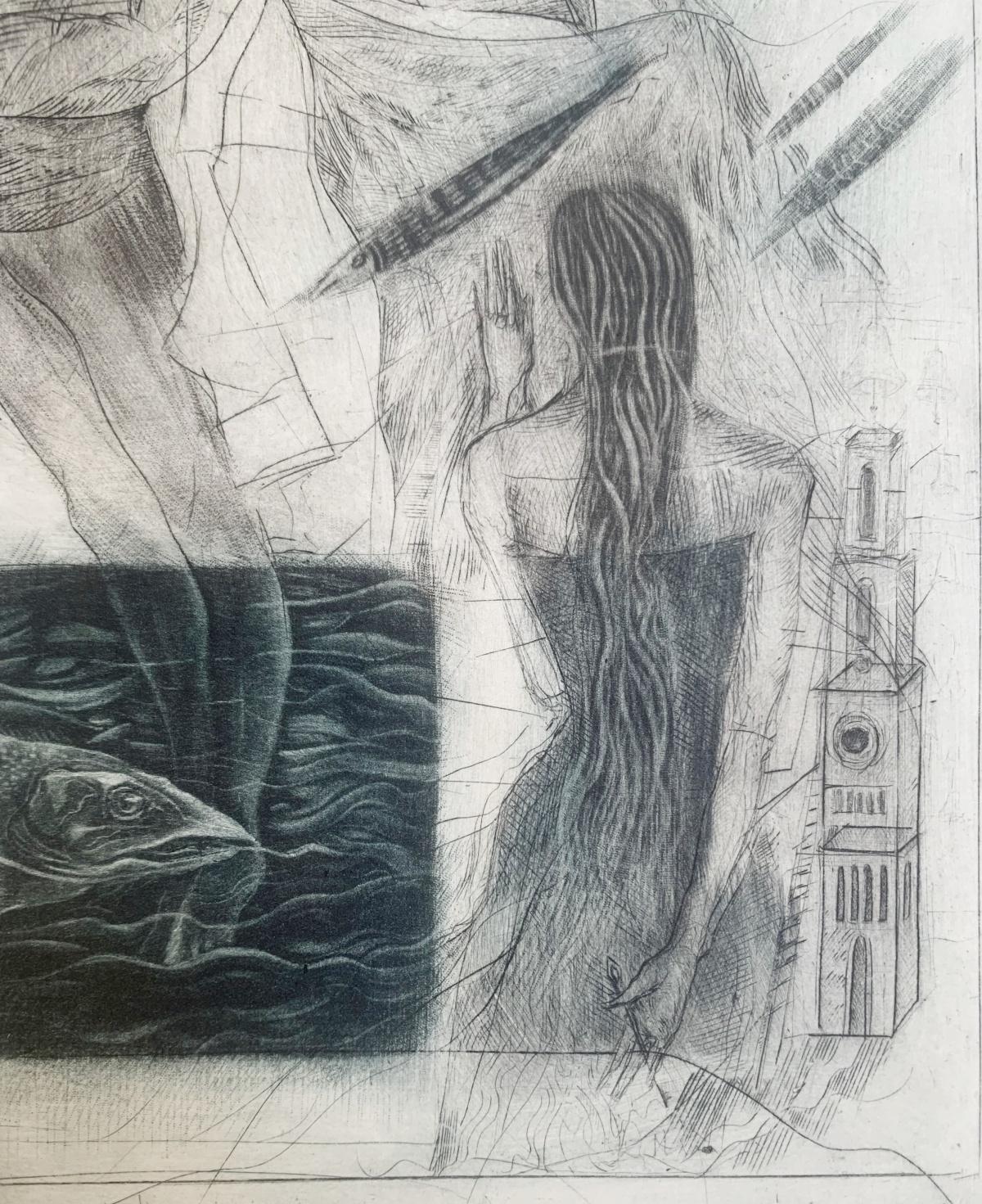 Gravure figurative contemporaine à la mezzotinte et à la pointe sèche de l'artiste polonaise Ewa Kutylak. L'édition est limitée à 40 exemplaires. La gravure représente un homme et une femme qui se font face. Il y a des poissons dans toute la