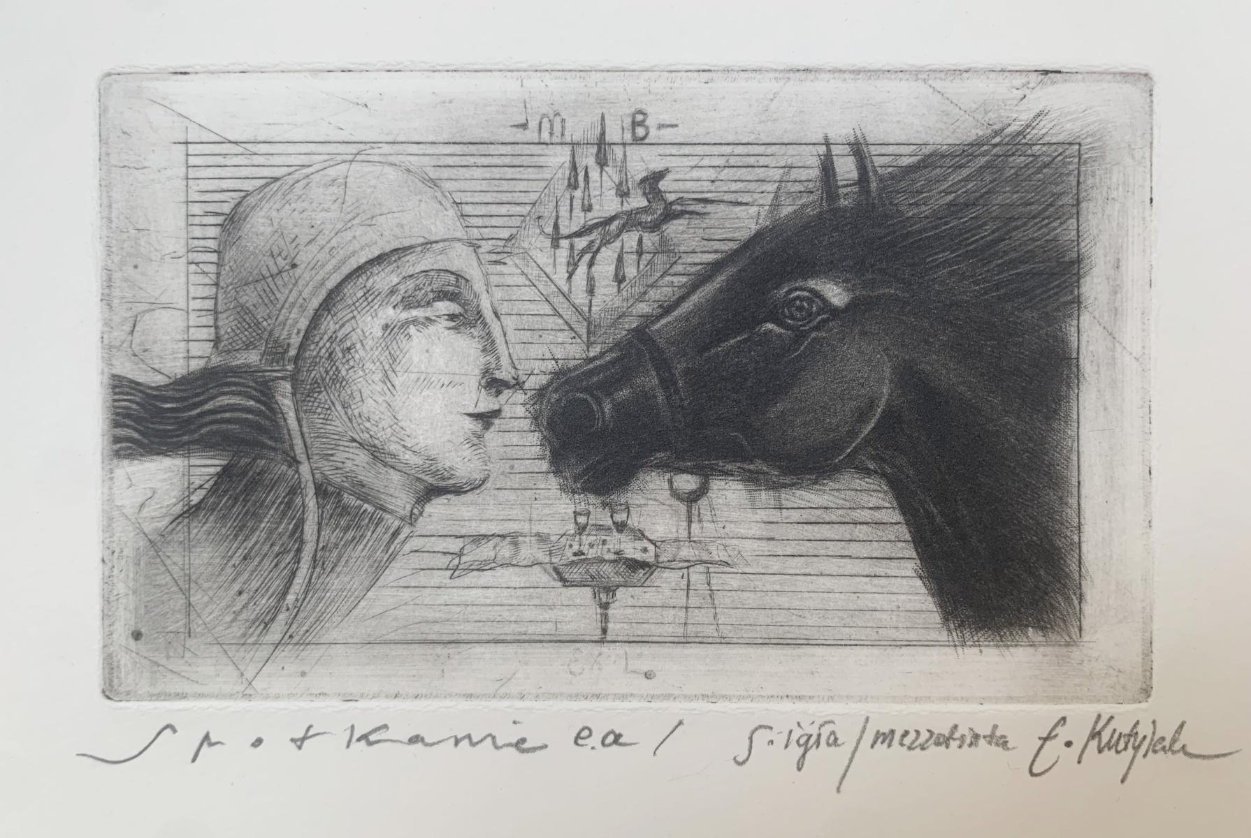 Une réunion. Mezzotint, édition limitée, noir et blanc, artiste polonais - Contemporain Print par Ewa Kutylak