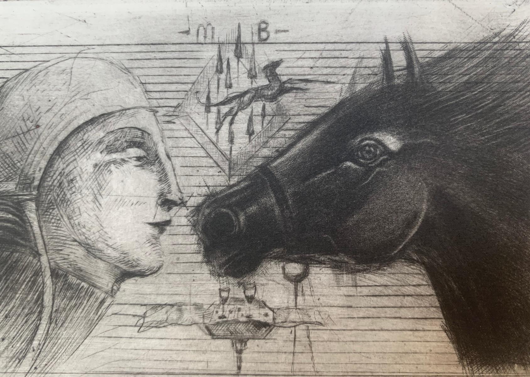 Gravure contemporaine figurative en noir et blanc à la mezzotinte et à la pointe sèche de l'artiste polonaise Ewa Kutylak. L'estampe représente un homme face à un cheval. Au-dessus d'eux, il y a un chien dans un paysage et en dessous, une table avec