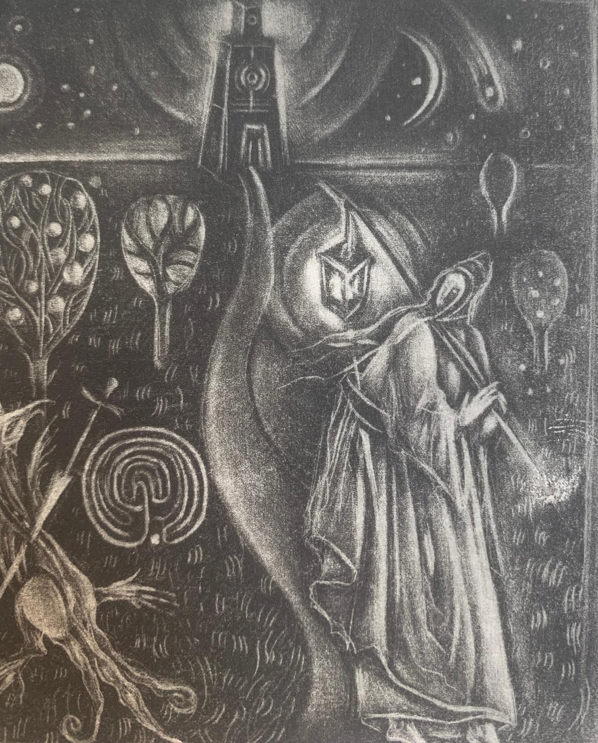 Contemporary figurative monochromatic mezzotint print by Polish artist Ewa Kutylak. Print depicts a wanderer with a lantern going down the road. On the left there is a mysthical creature, lizard-like with a horn. There is a sword in its back. In the