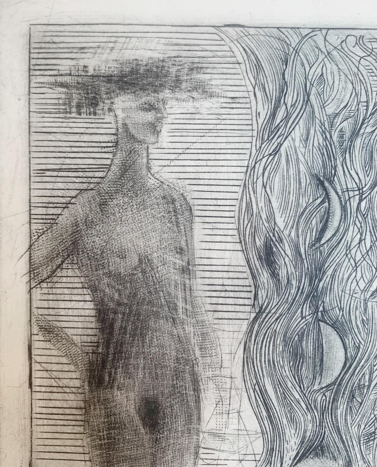 Une rivière. Gravure à la pointe sèche, édition limitée, noir et blanc, artiste polonais - Contemporain Print par Ewa Kutylak