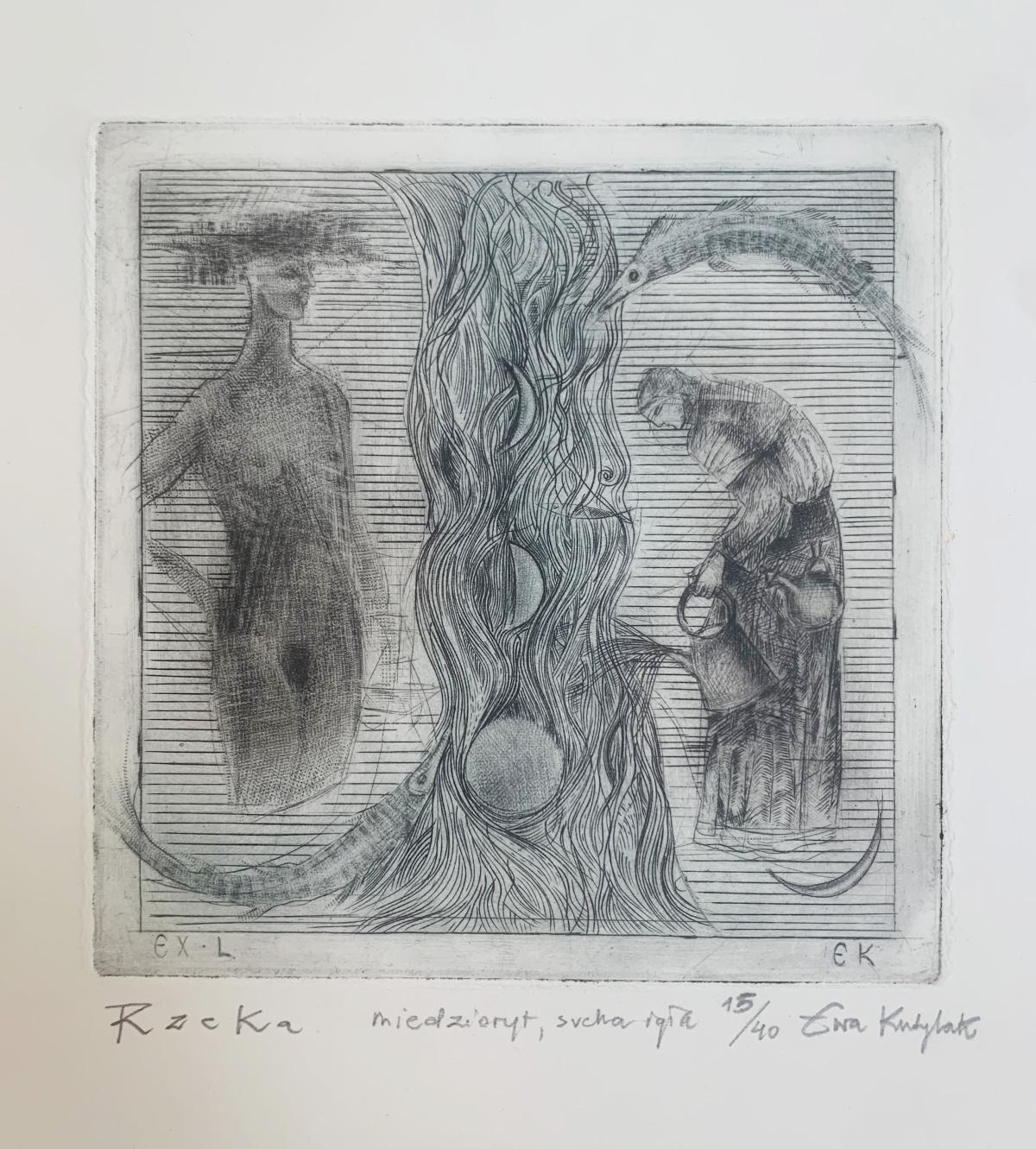 Une rivière. Gravure à la pointe sèche, édition limitée, noir et blanc, artiste polonais - Noir Figurative Print par Ewa Kutylak
