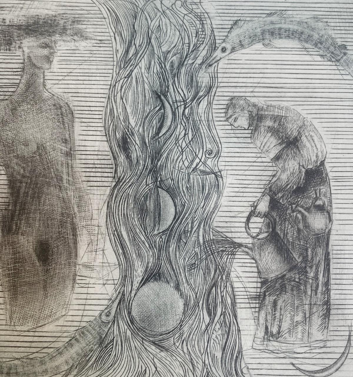 Une rivière. Gravure à la pointe sèche, édition limitée, noir et blanc, artiste polonais en vente 1