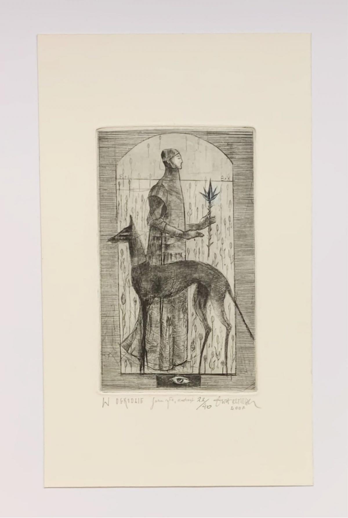 In a garden - Figurative mezzotint print, Limited edition, Black & white, Dog - Print by Ewa Kutylak