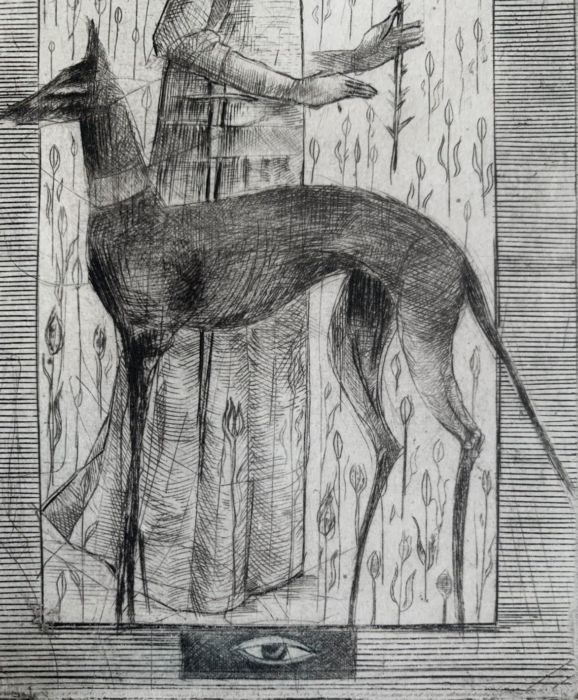 Contemporay figurative mezzotint and drypoint print by Polish artist Ewa Kutylak. Print depicts a human standing with a dog. Proportions of the composition are elongated. The character is facing right side while dog i sfacing left side.

EWA KUTYLAK