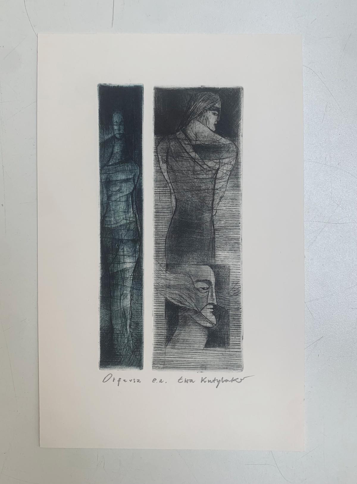 Orphée. Gravure à la pointe sèche, noir et blanc, bleu, artiste polonais - Print de Ewa Kutylak