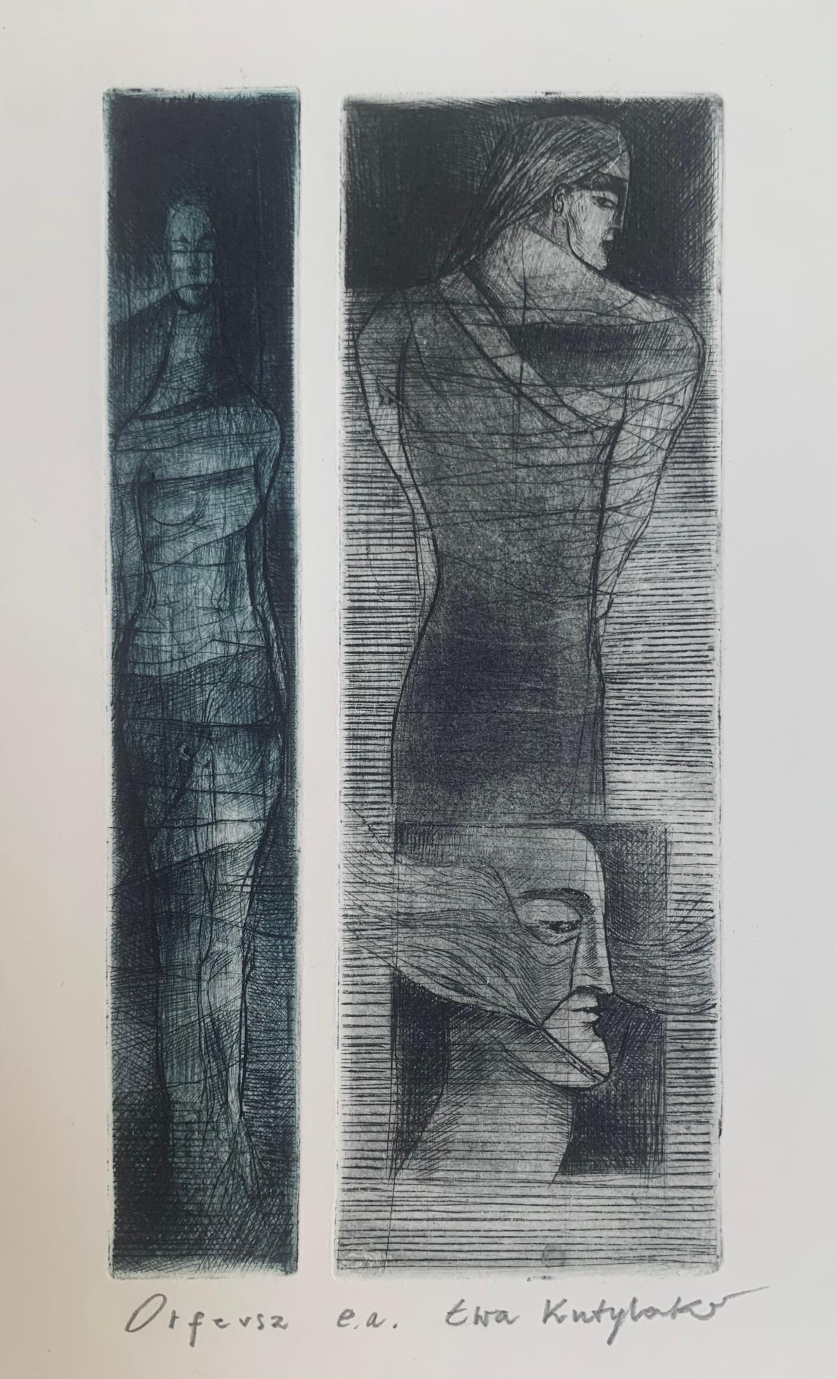 Orphée. Gravure à la pointe sèche, noir et blanc, bleu, artiste polonais - Contemporain Print par Ewa Kutylak