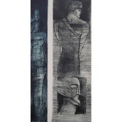 Orpheus. Drypoint print, Black & white, Blue, Polish artist