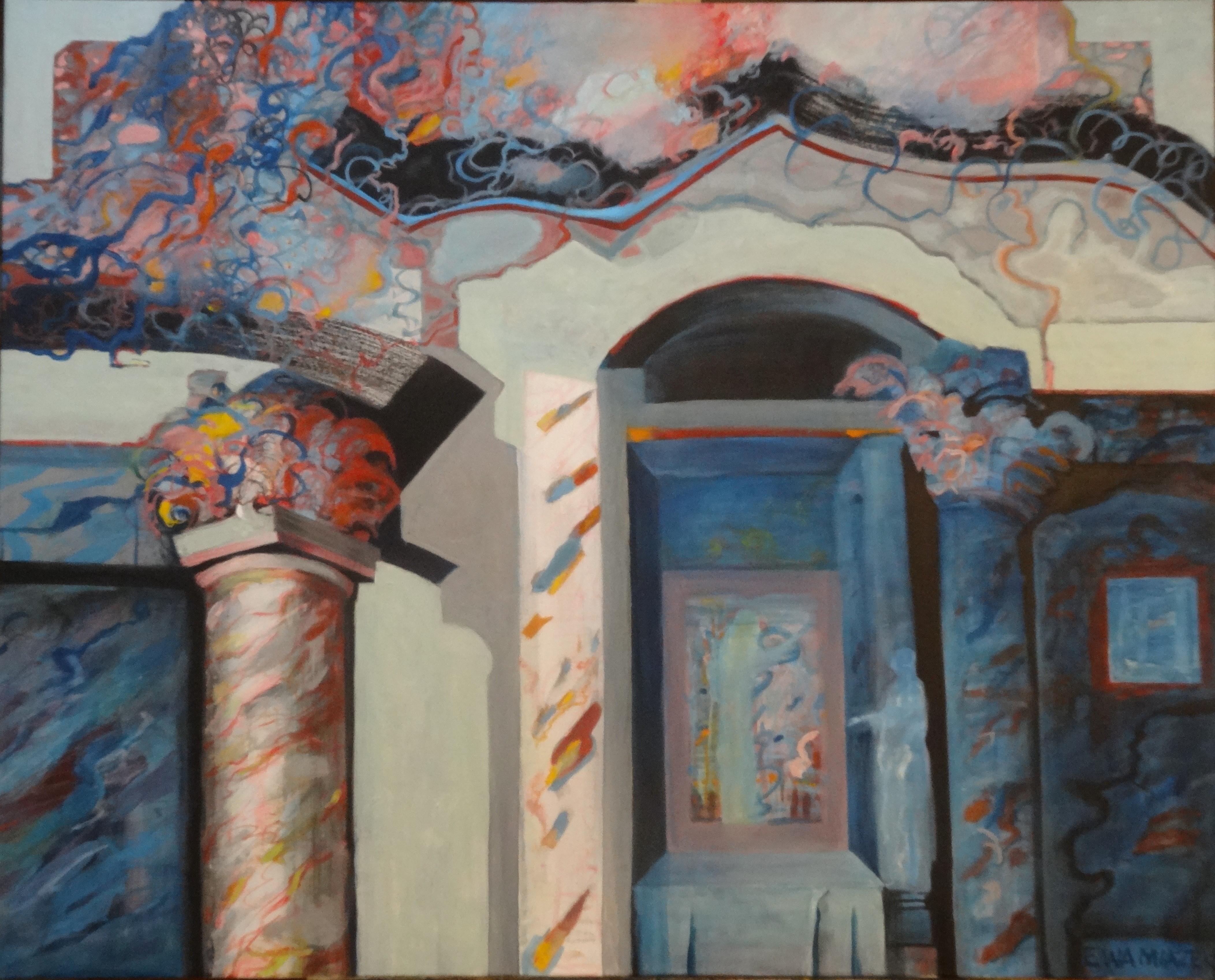 Cette peinture acrylique sur toile de 31,5 x 39,4 pouces d'Ewa Miazek-Mioduszewska représente un intérieur architectural abstrait et coloré du temple de Vilnius avec un portail et une colonne corinthienne stylisée. Les couleurs vives de l'intérieur
