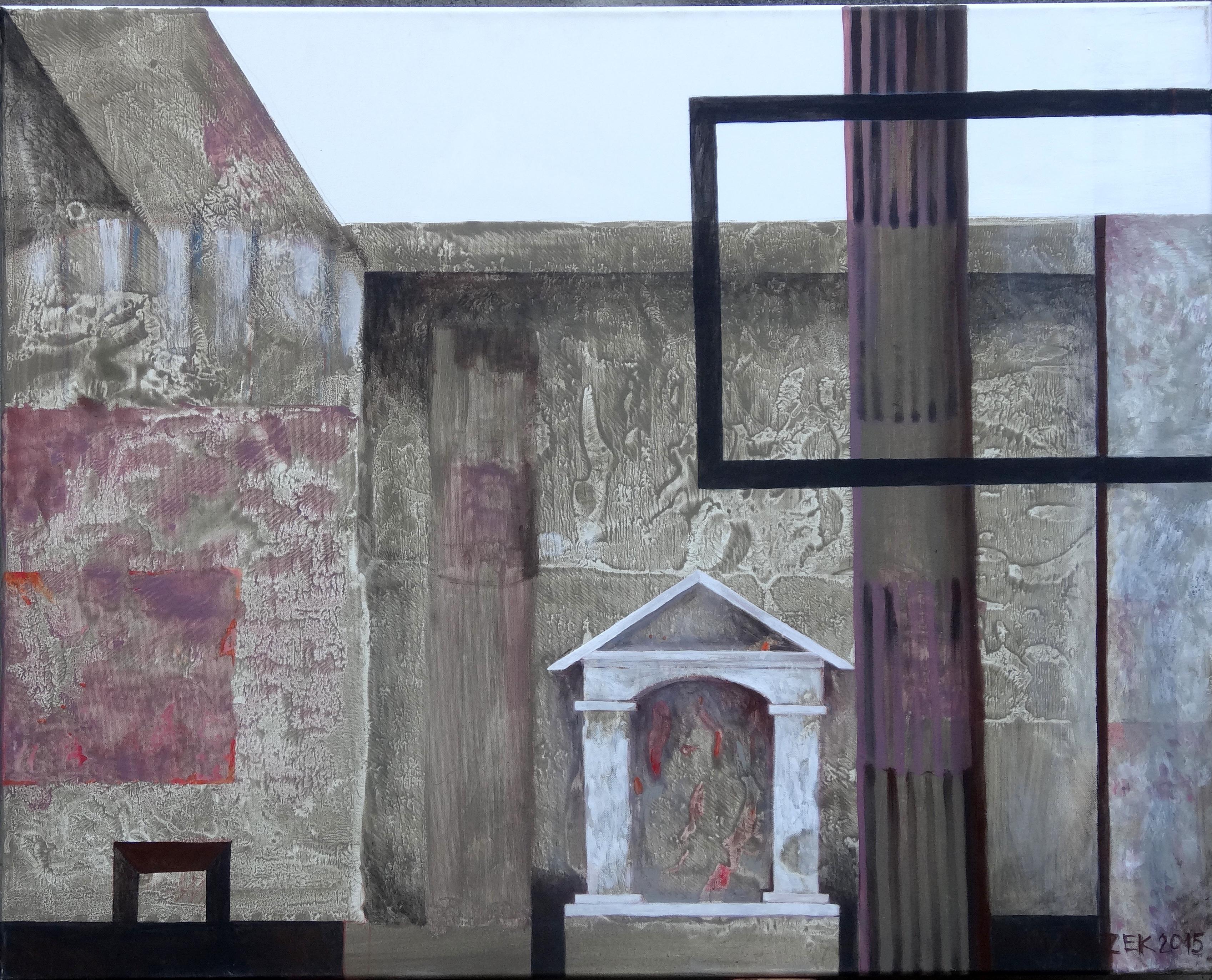 Dieses 31,5" x 39,4" große Landschaftsgemälde in Acryl auf Leinwand von Ewa Miazekk-Mioduszewska zeigt die verfallende Struktur einer kleinen Kapelle mit einer schwarzen rechteckigen Gerüststruktur in Pompeji, Italien. Die Landschaft ist in einer