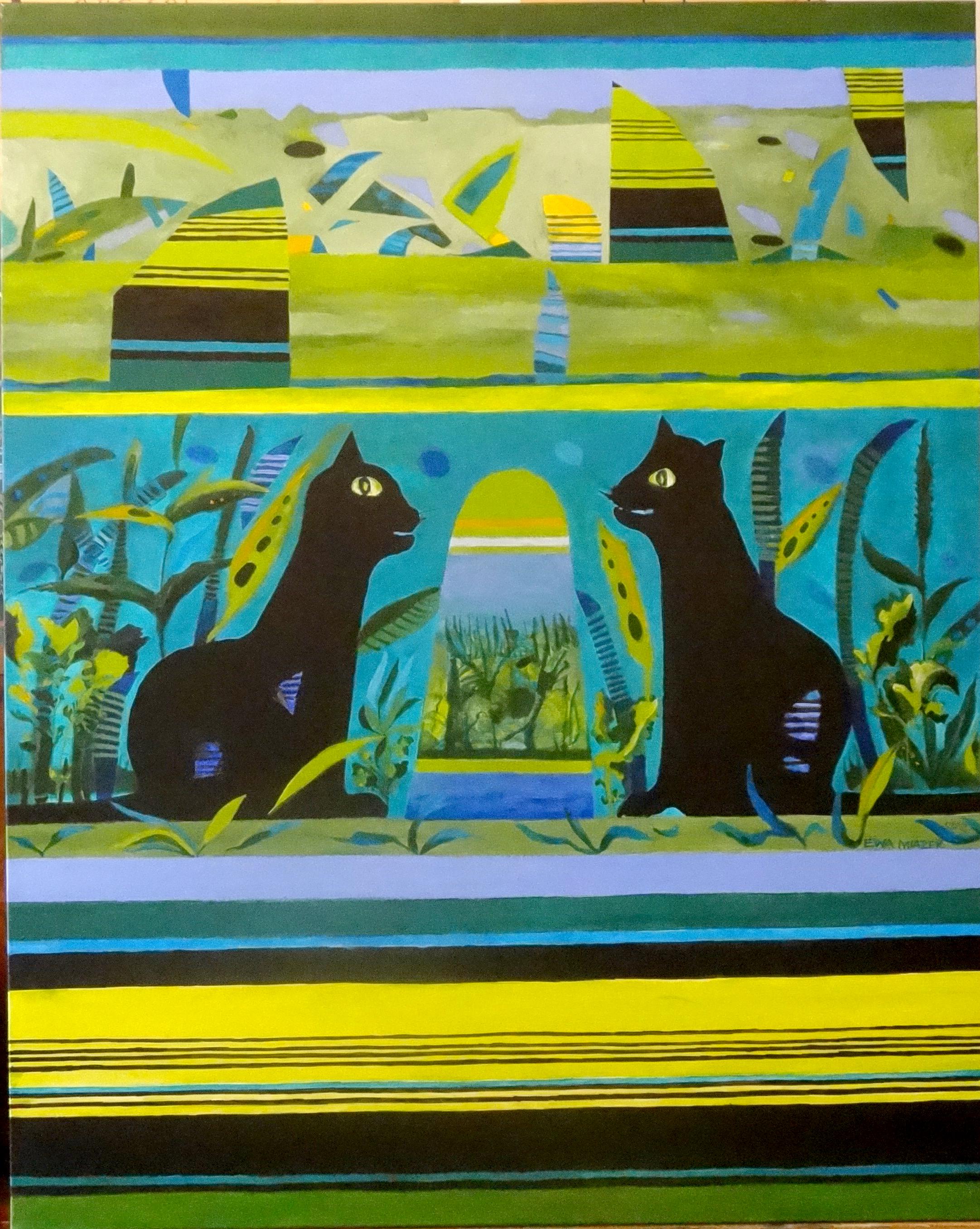 „Zwei schwarze Katzen“ von Ewa Miazek-Mioduszewska, Acryl auf Leinengemälde