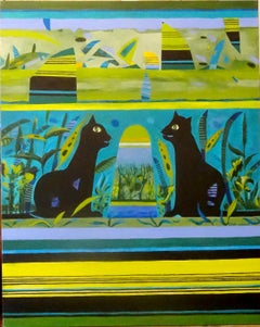 'Two Black Cats,' by Ewa Miazek-Mioduszewska, Acrylic on Linen Painting