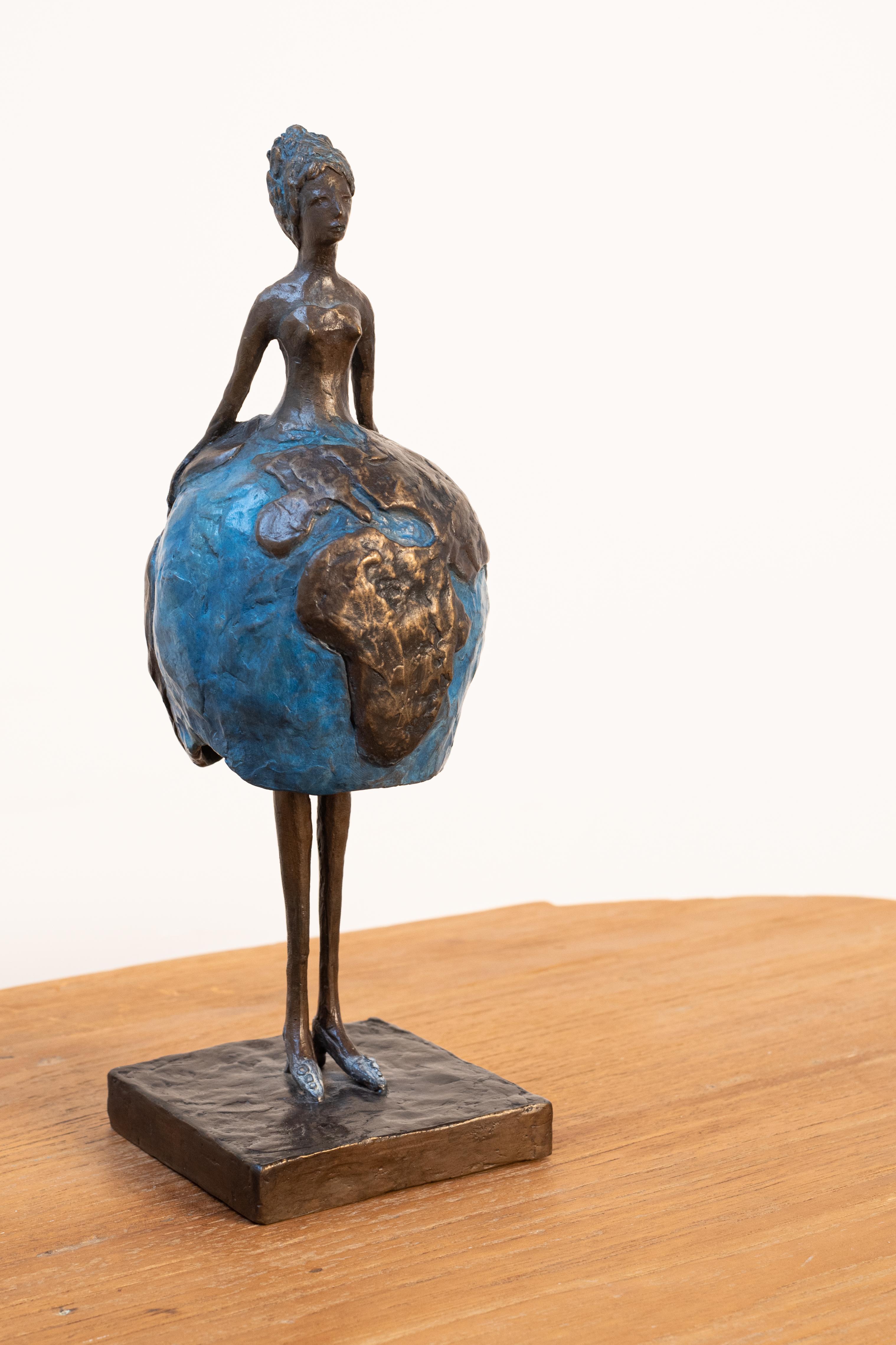Ewa Rossano Figurative Sculpture - La planète - Bronze statue of a woman with our planet as her skirt