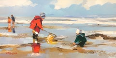 A la Pêche en Rouge by Ewa Rzeznik, Horizontal Oil on Canvas Beach Painting