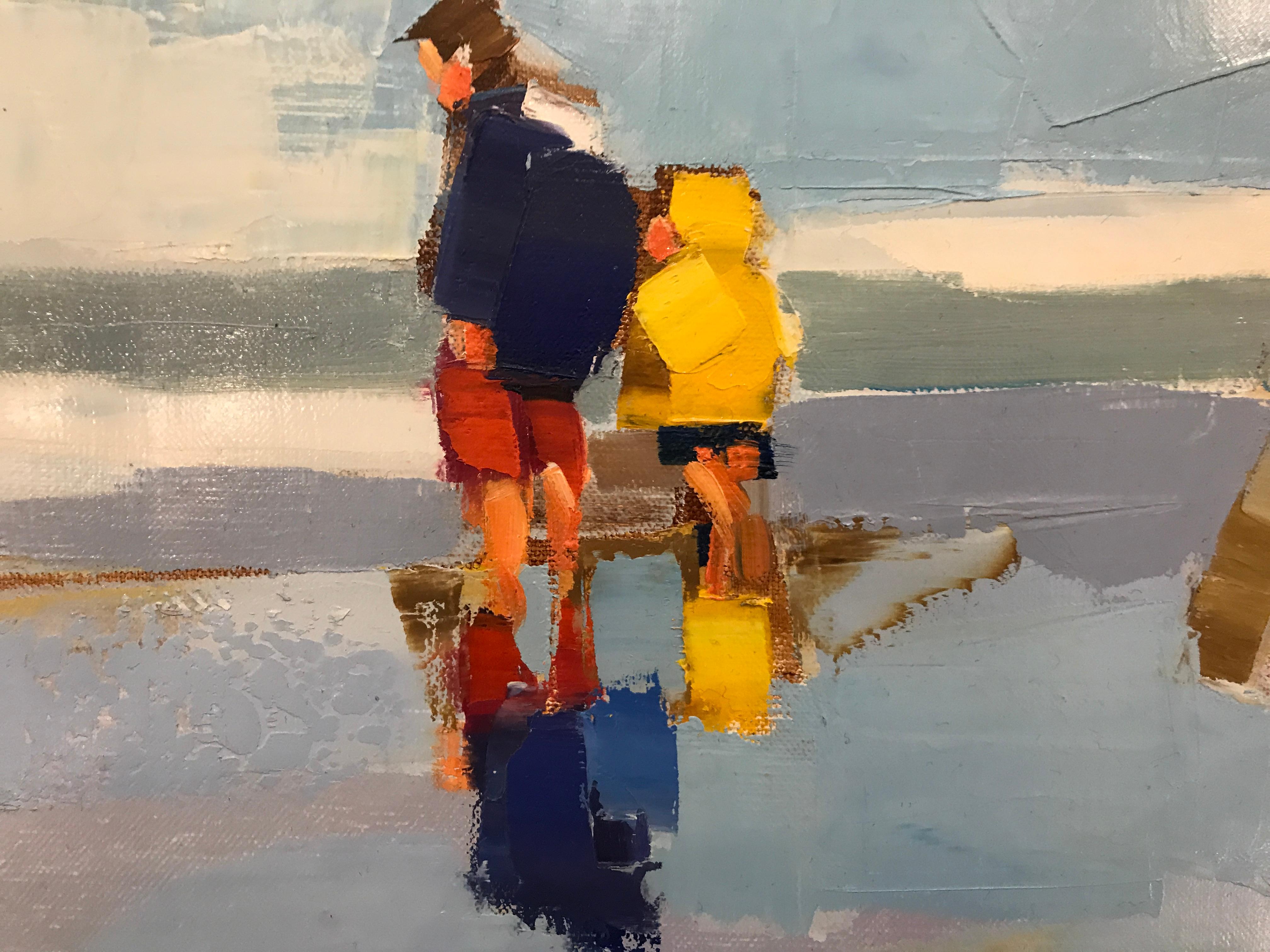 'A la Pêche Rayé Bleu et Blanc' is a medium size Impressionist beach painting created by Polish-born artist Ewa Rzeznik in 2018. Featuring an exquisite scene set on a French beach, the painting depicts two adorable children, dressed in beige and red