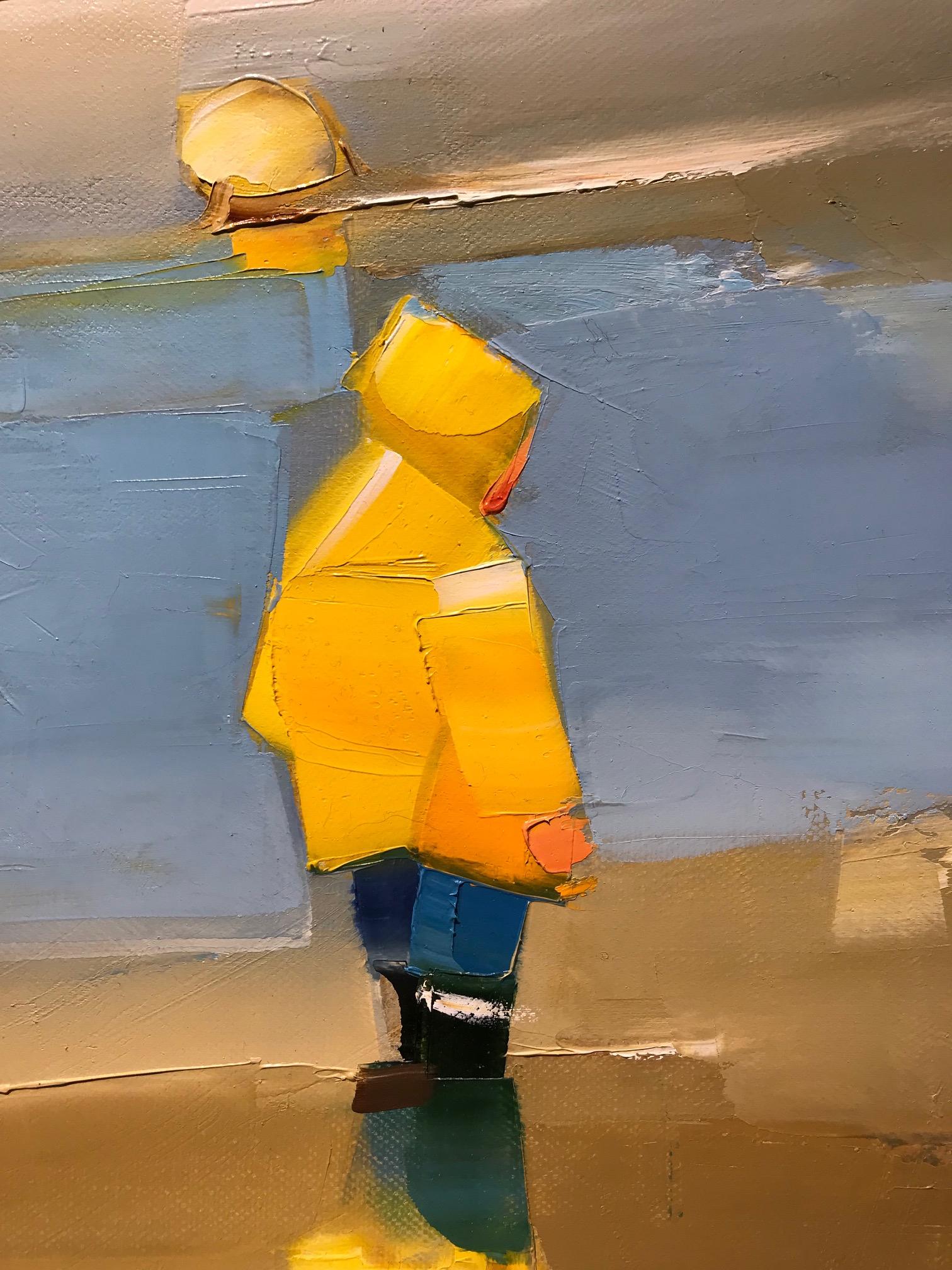 « Best Friends » - Peinture à l'huile contemporaine d'un enfant avec un chien sur la plage - Painting de Ewa Rzeznik