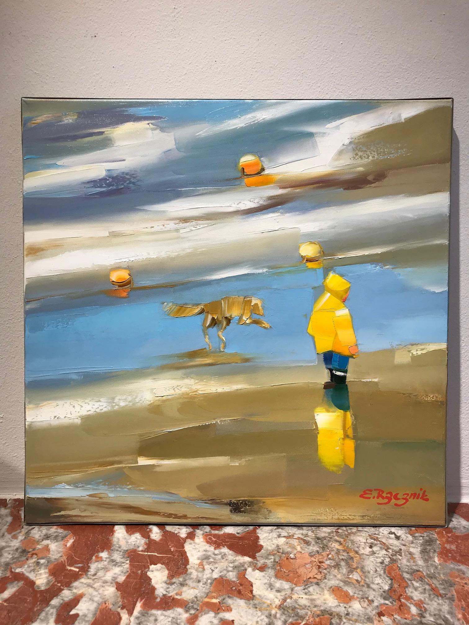 ''Migliori amici'' Pittura a olio contemporanea di bambino con cane sulla spiaggia 2