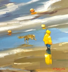 « Best Friends » - Peinture à l'huile contemporaine d'un enfant avec un chien sur la plage