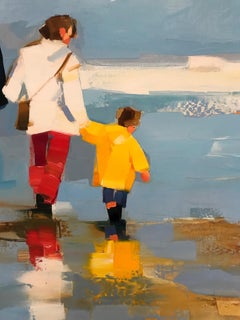 ''Bretagne'' Pintura al óleo contemporánea de una familia paseando por la playa