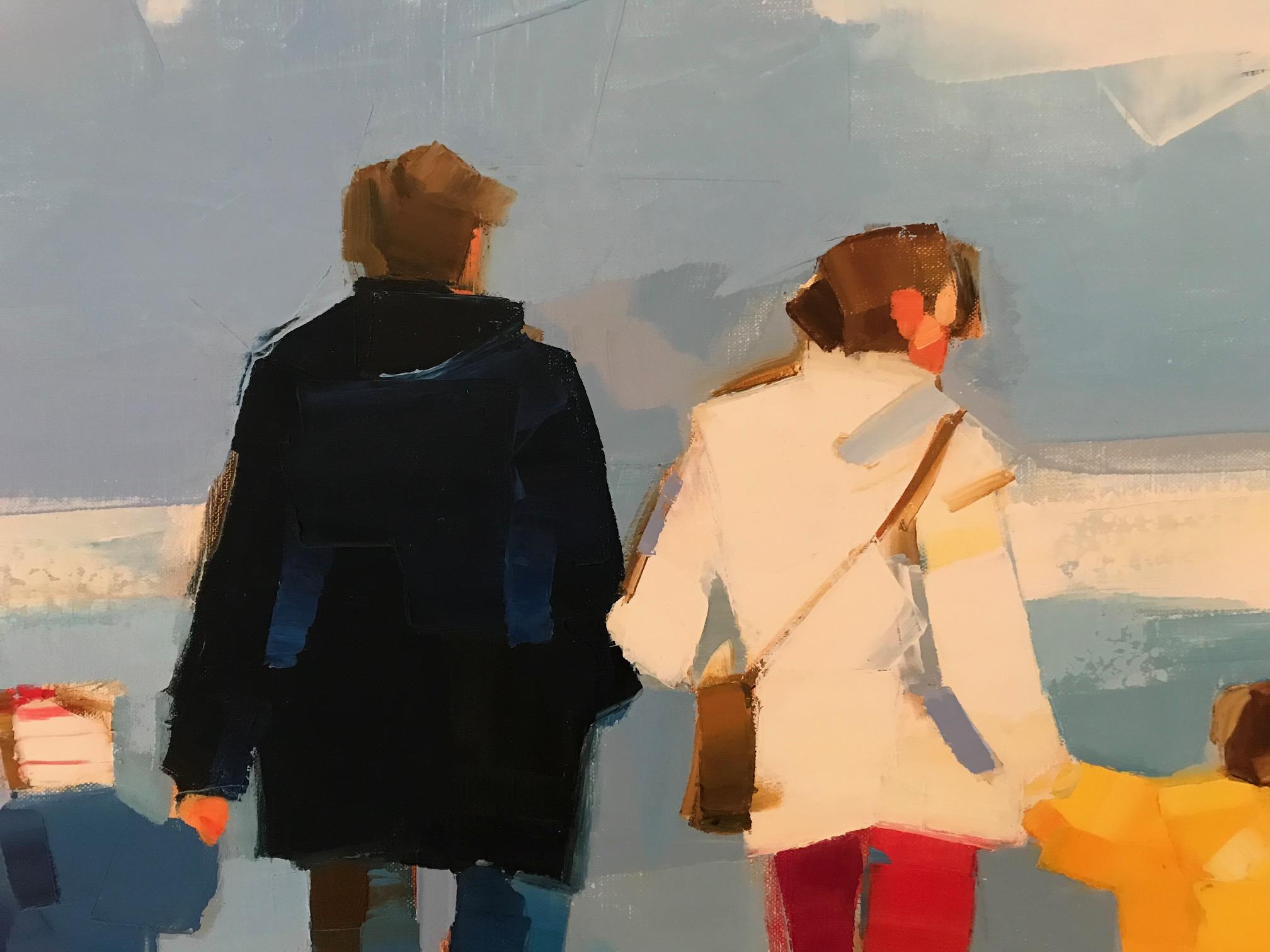 Peinture à l'huile contemporaine de plage de Bretagne représentant une famille se promenant sur la plage - Gris Figurative Painting par Ewa Rzeznik