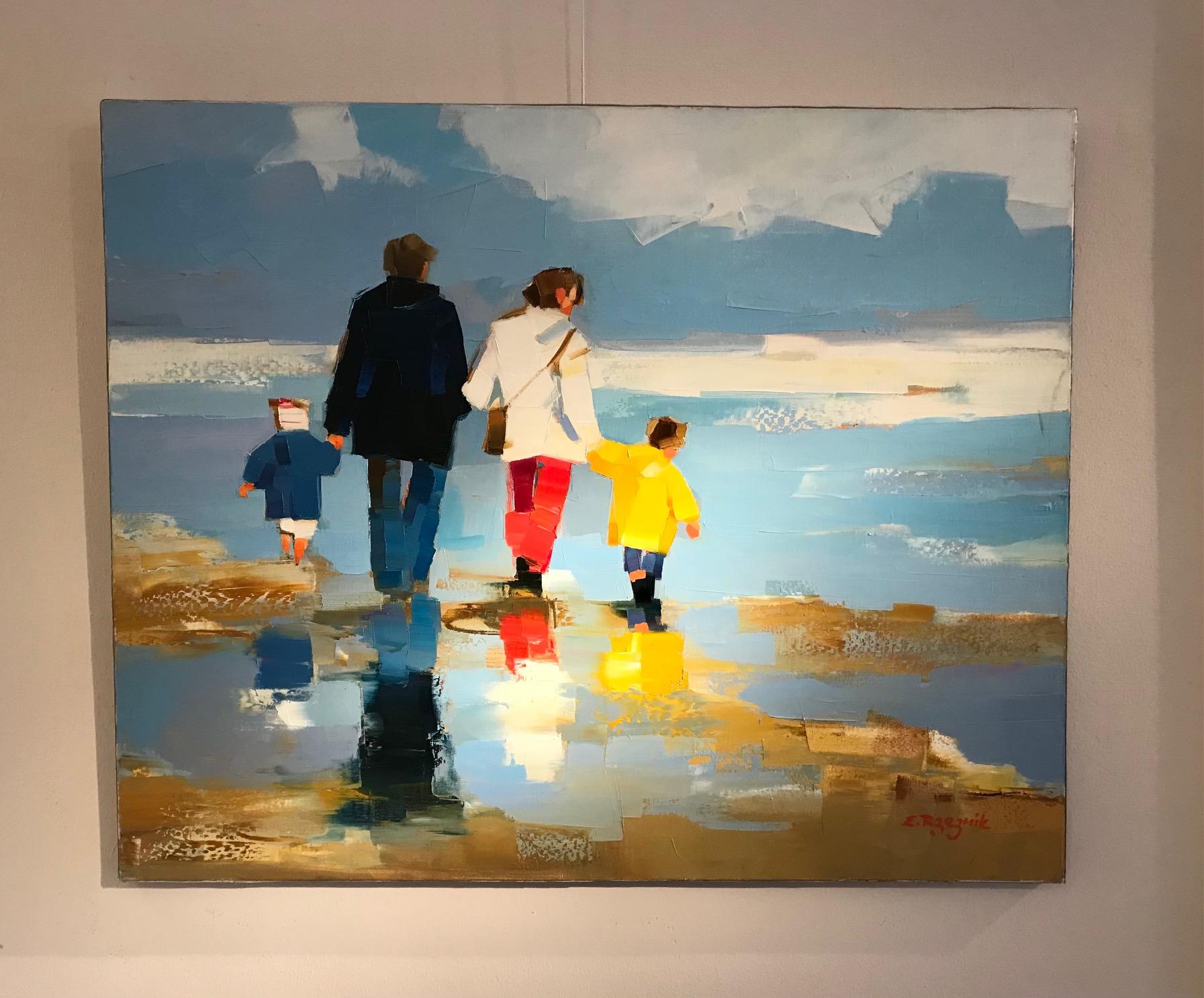 Peinture à l'huile contemporaine de plage de Bretagne représentant une famille se promenant sur la plage en vente 2