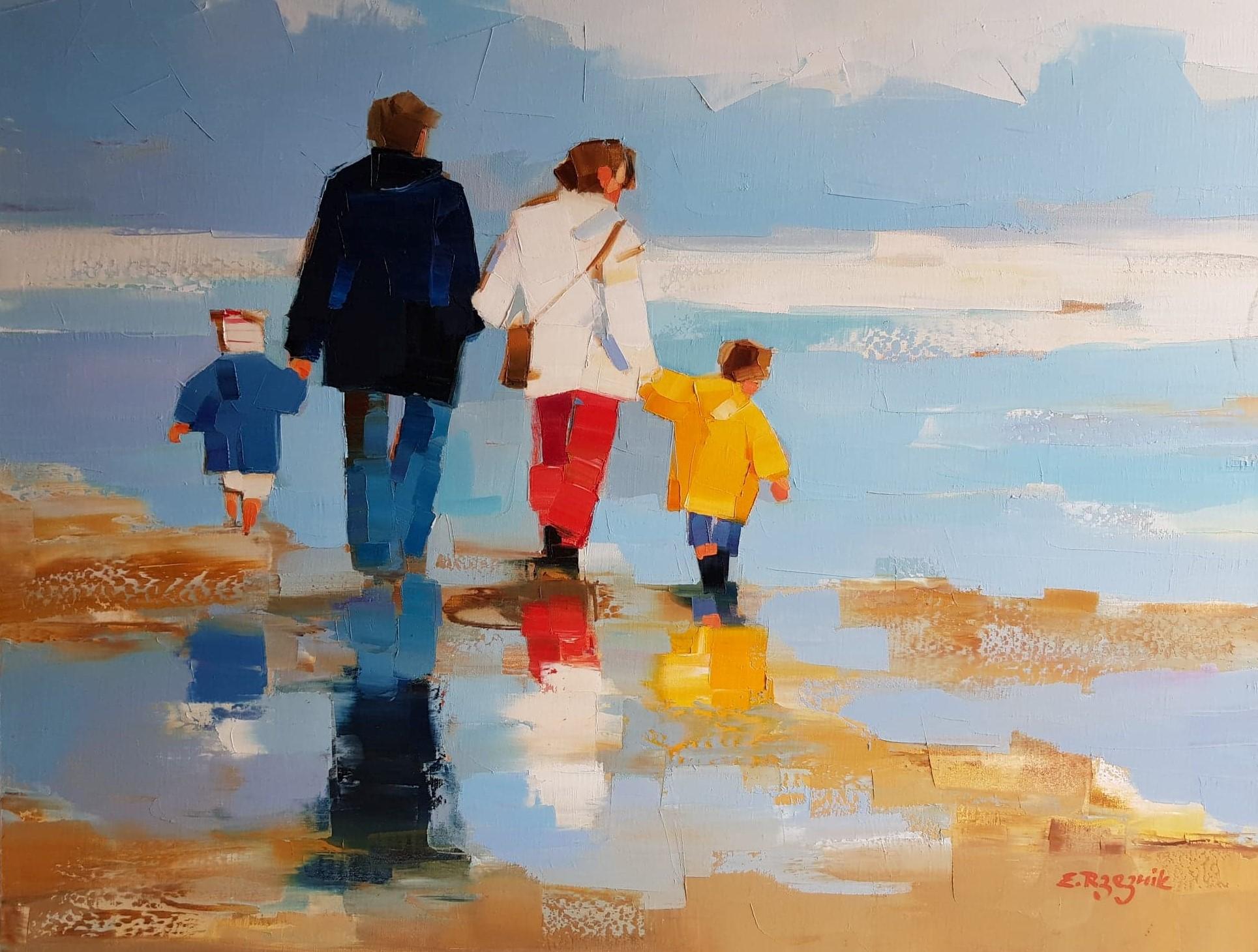 Figurative Painting Ewa Rzeznik - Peinture à l'huile contemporaine de plage de Bretagne représentant une famille se promenant sur la plage