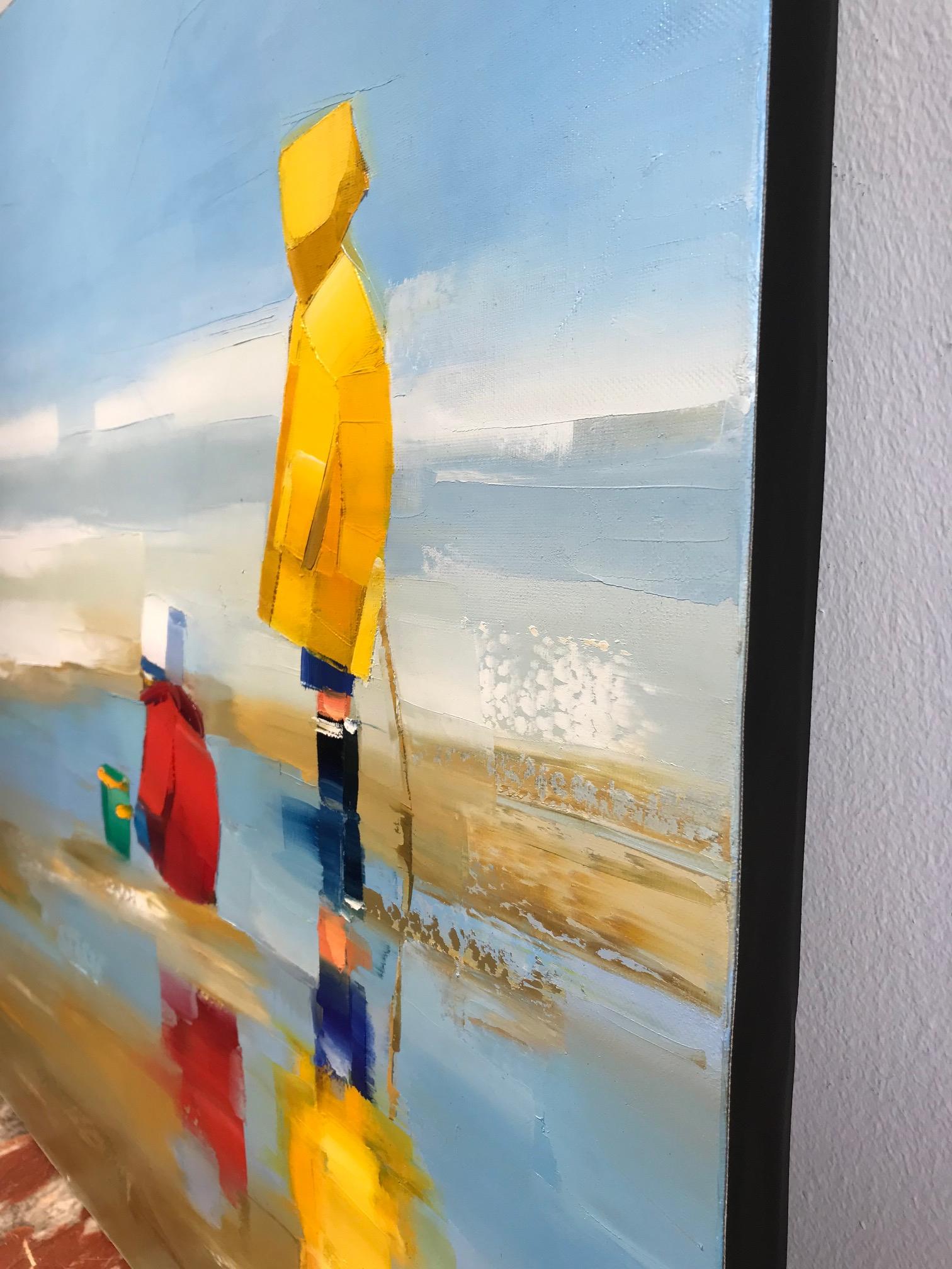 ''Brothers'' Contemporary Oil Painting of Brothers in Raincoats on the Beach 4