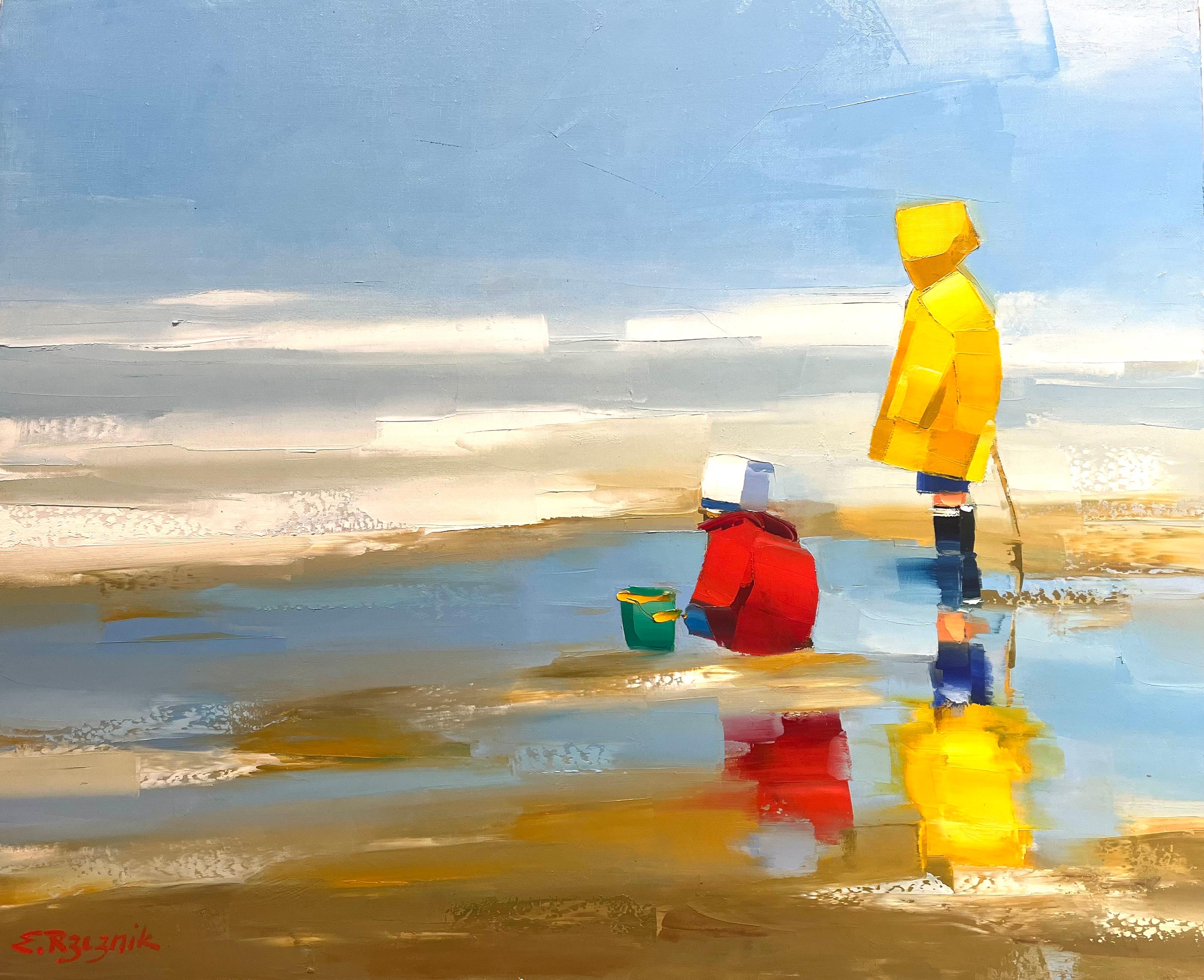 Ewa Rzeznik Figurative Painting - ''Brothers'' Contemporary Oil Painting of Brothers in Raincoats on the Beach