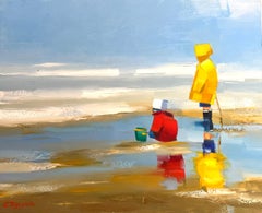 Peinture à l'huile contemporaine « Brothers » représentant des frères en gilets de pluie sur la plage