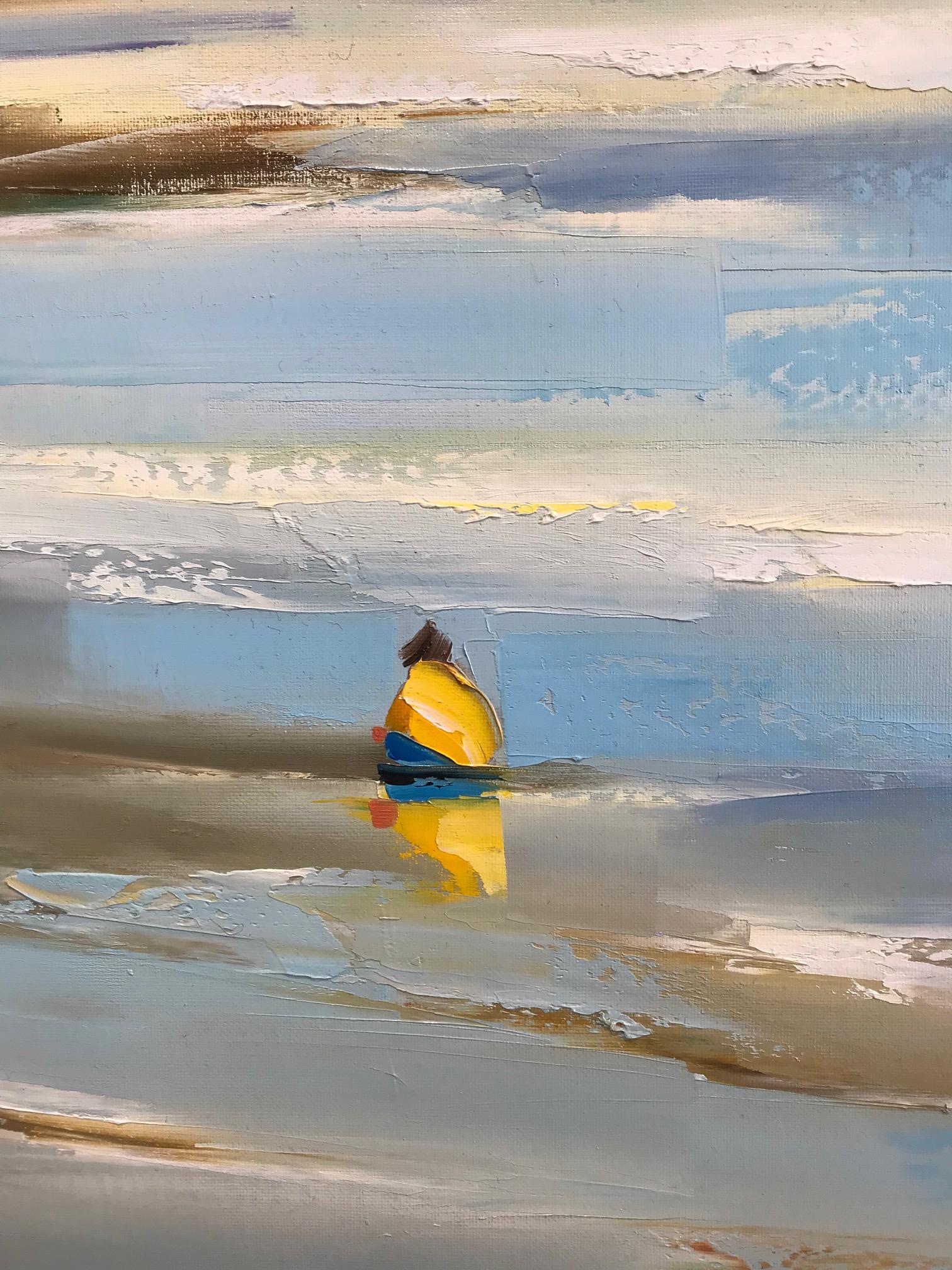 ''Falaises'' Contemporary Oil Painting of People on a French Beach - Gray Figurative Painting by Ewa Rzeznik